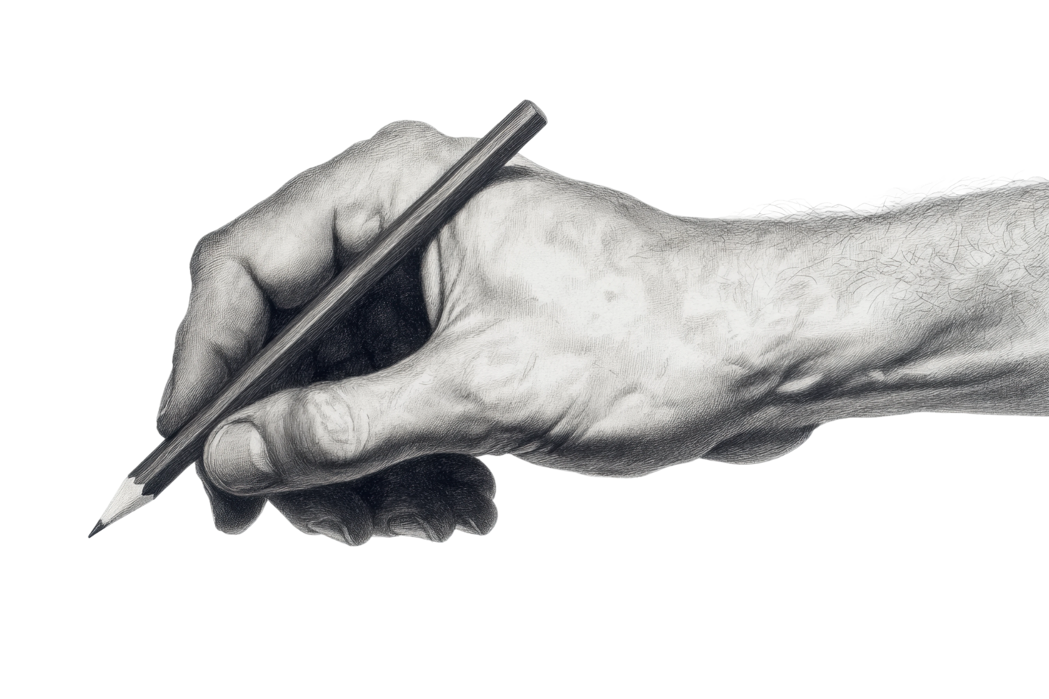Detailed pencil drawing of caucasian adult male hand holding pencil png