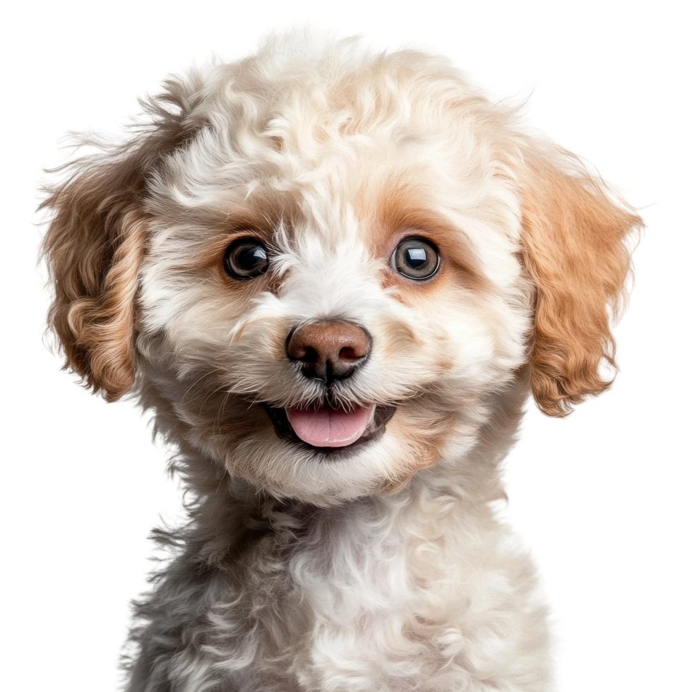 Adorable fluffy white poodle puppy with curly fur and happy expression png