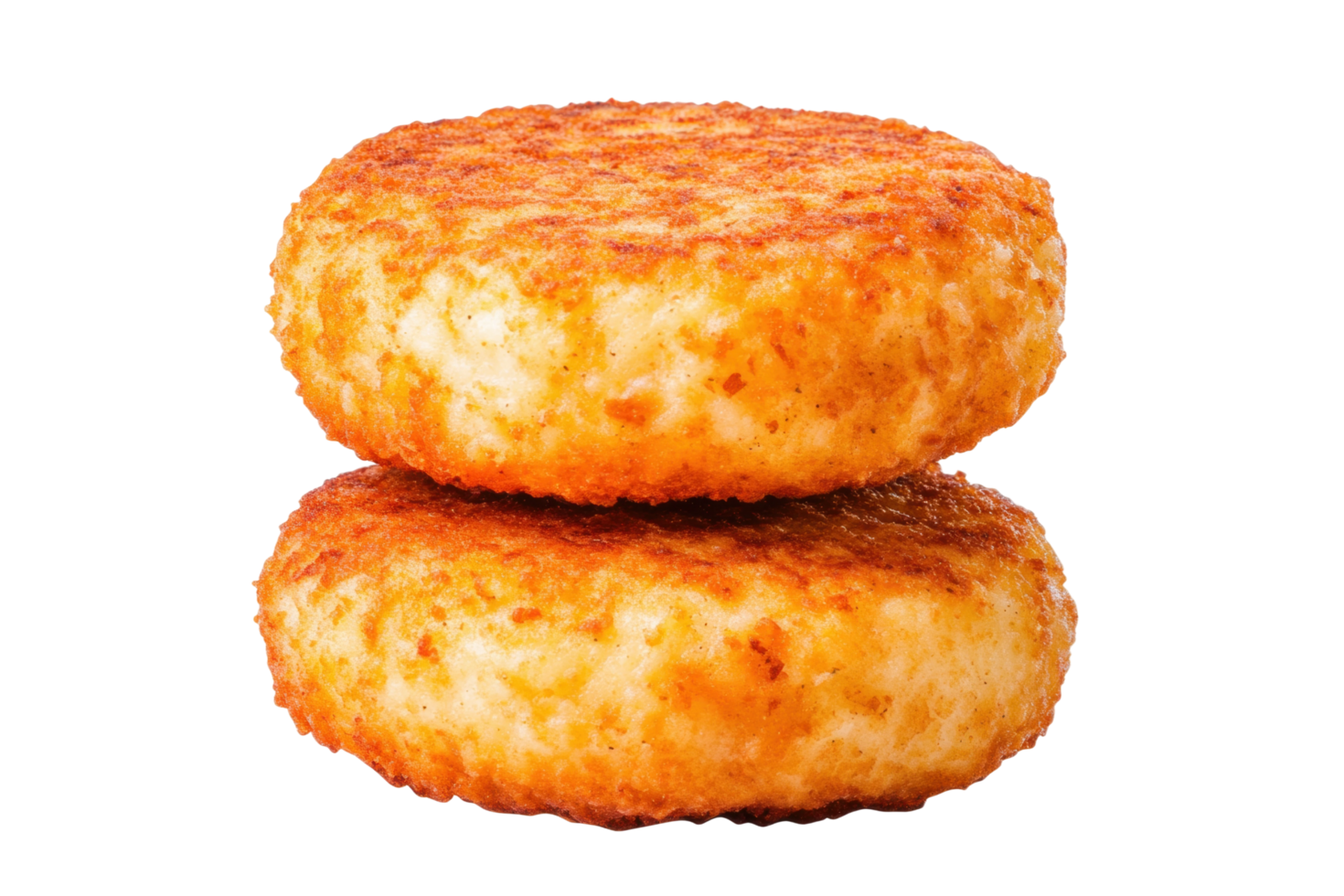 Crispy potato hash brown patties stacked on black png
