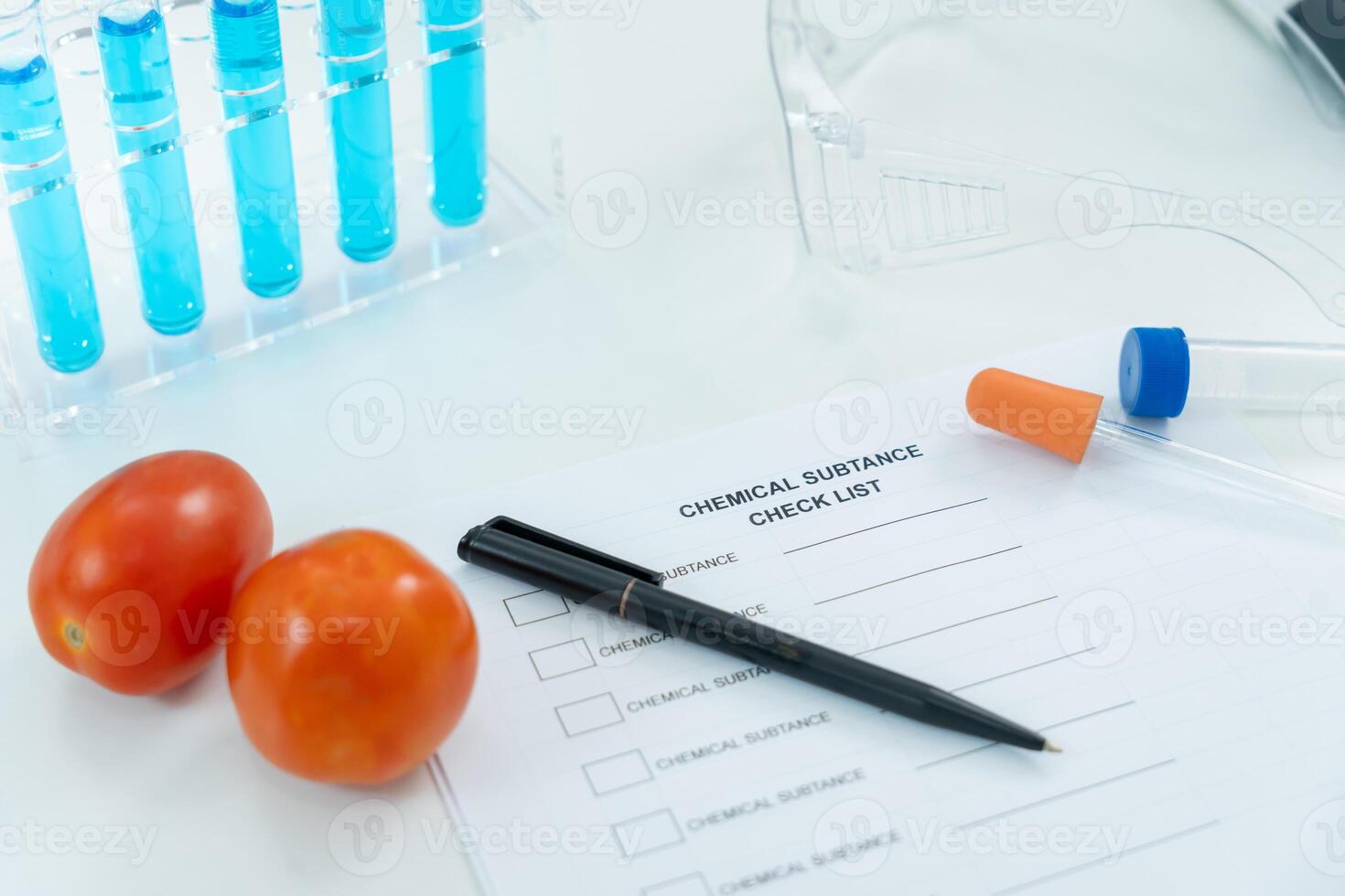 Chemical substance check list for chemical food residues in laboratory. Control experts inspect quality of fruits, vegetables. lab, find prohibited substances, contaminate, Microscope, Microbiologist photo