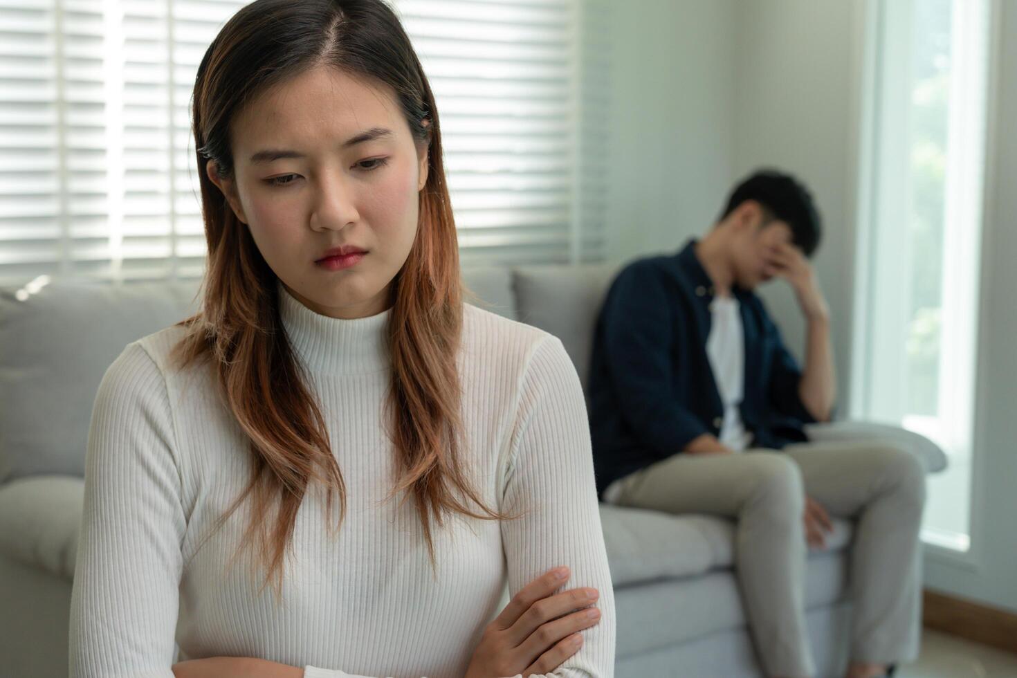 Divorce and quarrels couples are desperate and disappointed after marriage. Husband and wife are sad, upset and frustrated after quarrels. distrust, love problems, betrayals. family problem photo