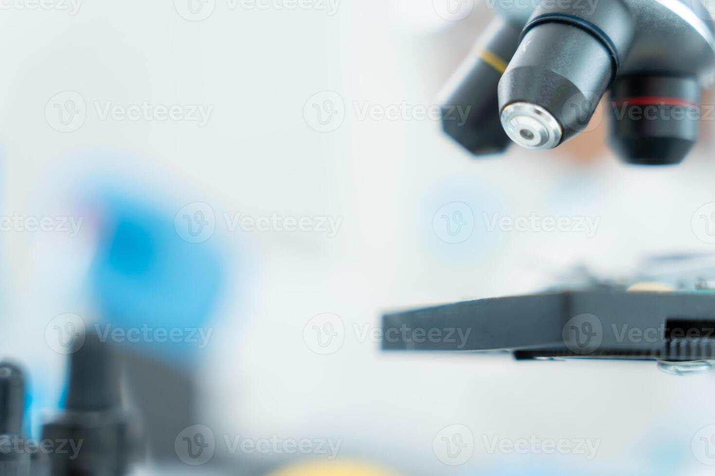 biochemical samples in advanced scientific laboratory. Medical professional use microscope look microbiological developmental of viral, Biotechnology research in science lab photo