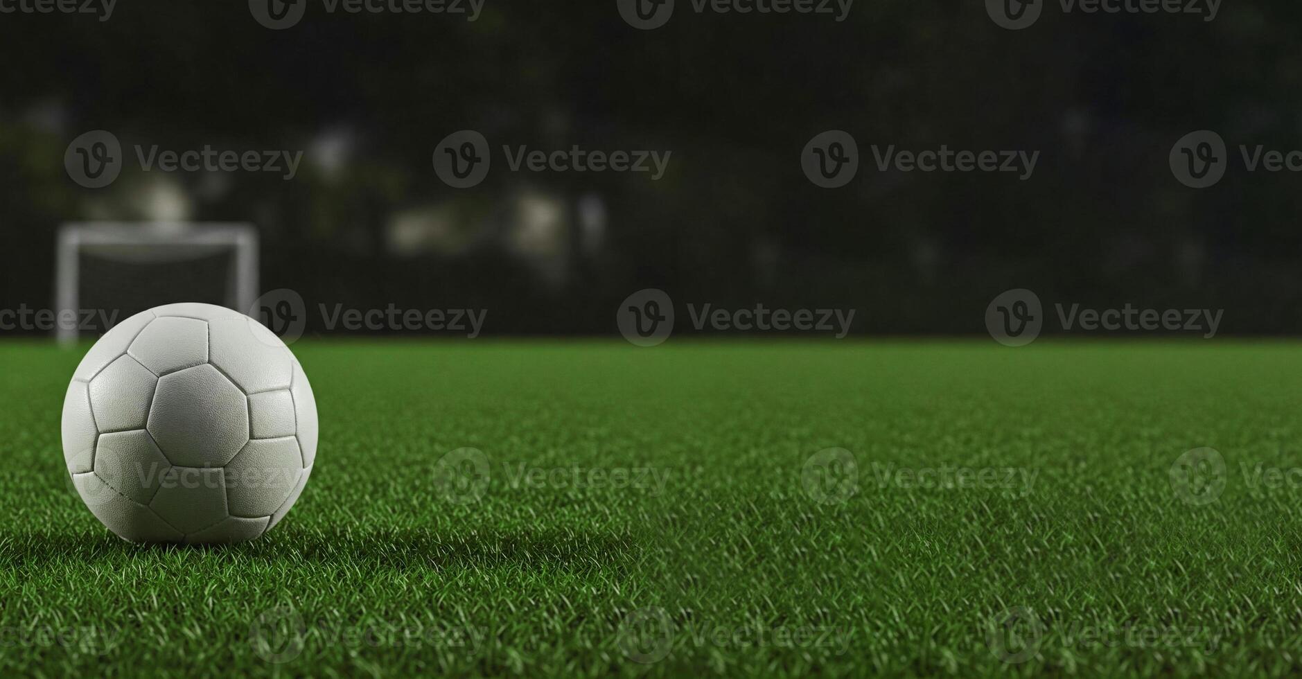Classic soccer ball on vibrant green grass with dark gradient background. Ideal for sports, training, competition, or recreational themes. Banner, copy space. photo
