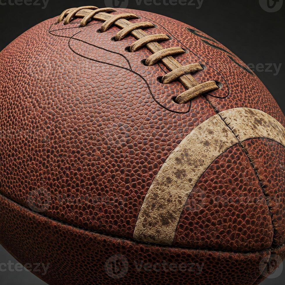 Detailed close-up of worn leather American football. The leather texture, scuffs, and textured lacing are clearly visible. Ideal for sports themes, nostalgia, craftsmanship and athletics. photo