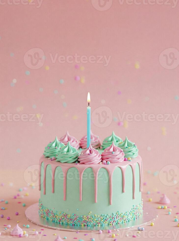 Festive cake with drips, two-tone buttercream and sprinkles. In the center is one burning blue candle. Bokeh background with flying confetti. Perfect for a birthday, anniversary or congratulations. photo