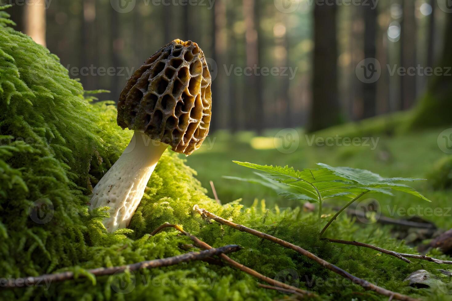 A single morel mushroom growing on mossy ground in a forest with blurred trees in the background photo