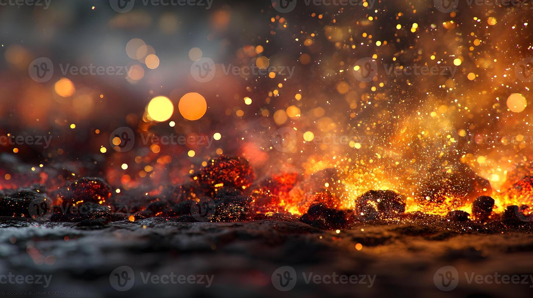 Close up of burning coals with sparks and bokeh lights creating a warm and fiery atmosphere photo