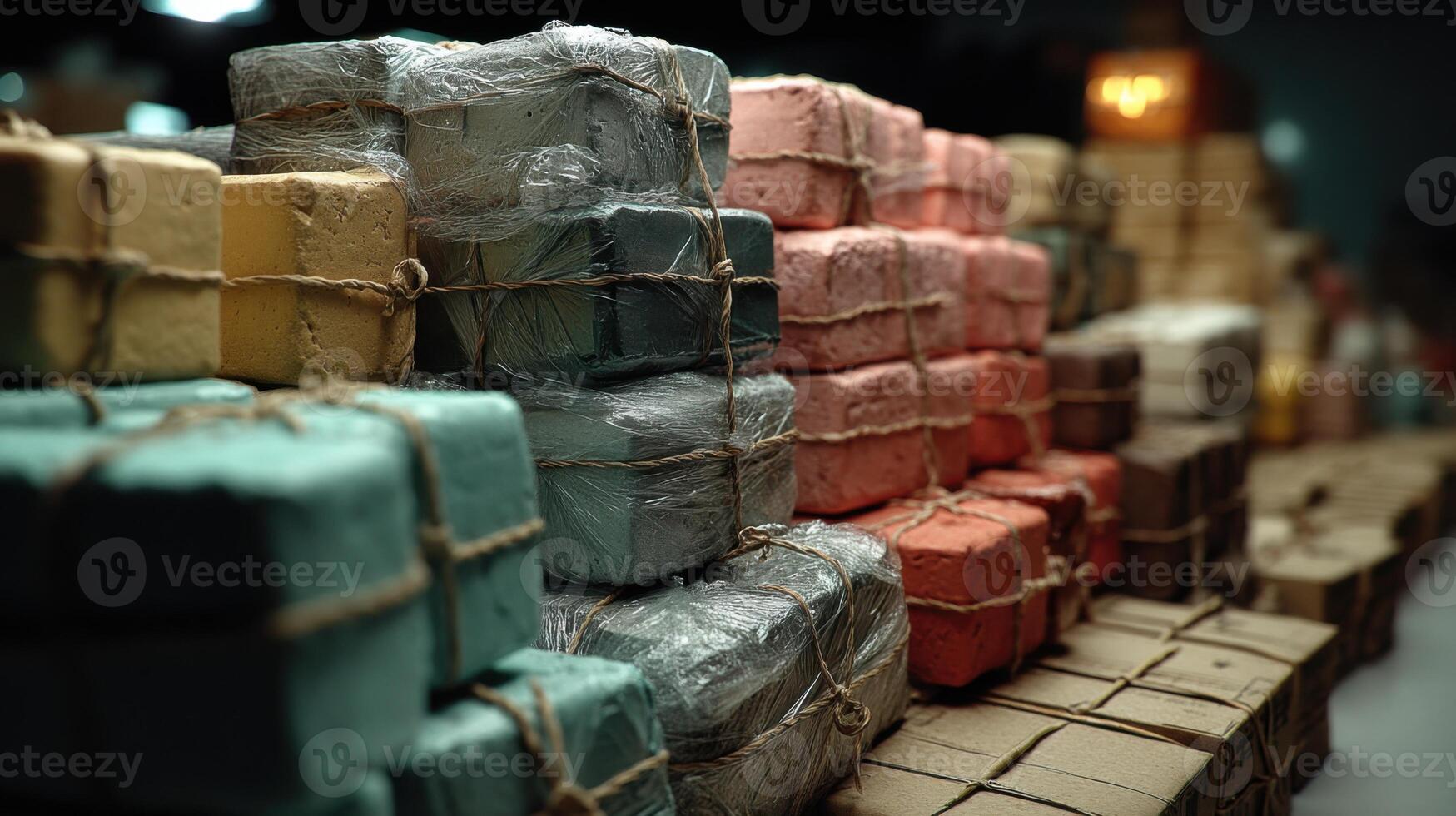 Stacks of colorful wrapped soaps with twine sit in a store ready for purchase and use by customers photo