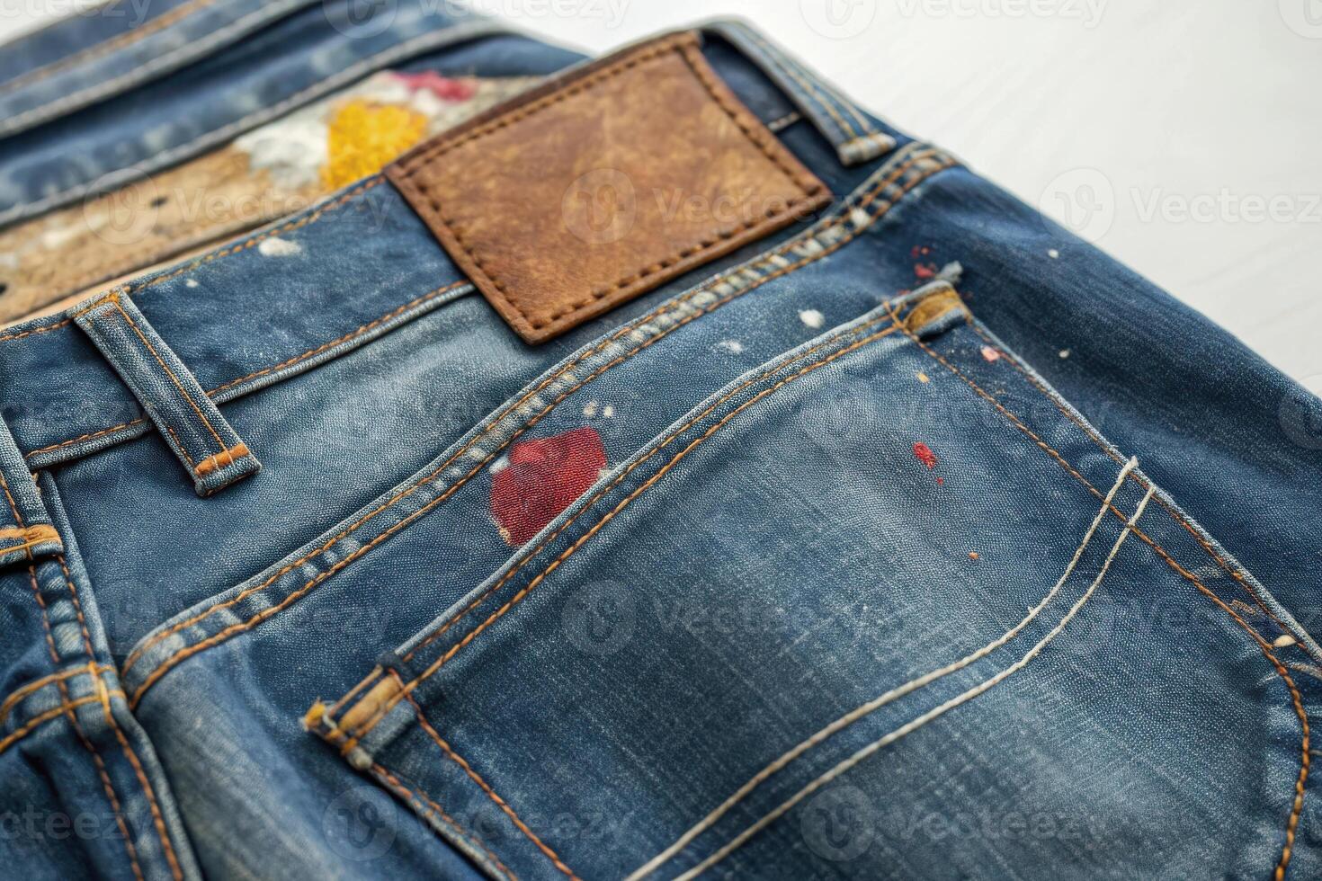Close up of blue jeans with paint splatters and leather label for fashion or denim background photo
