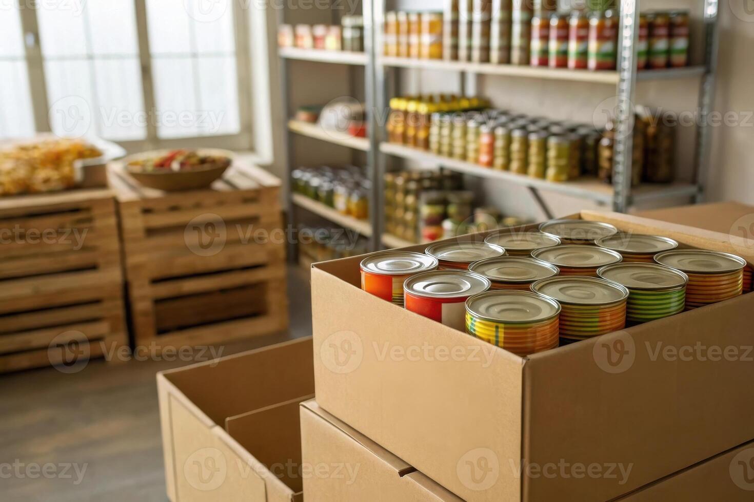 A pantry with shelves stocked with canned goods and boxes of food ready for distribution photo