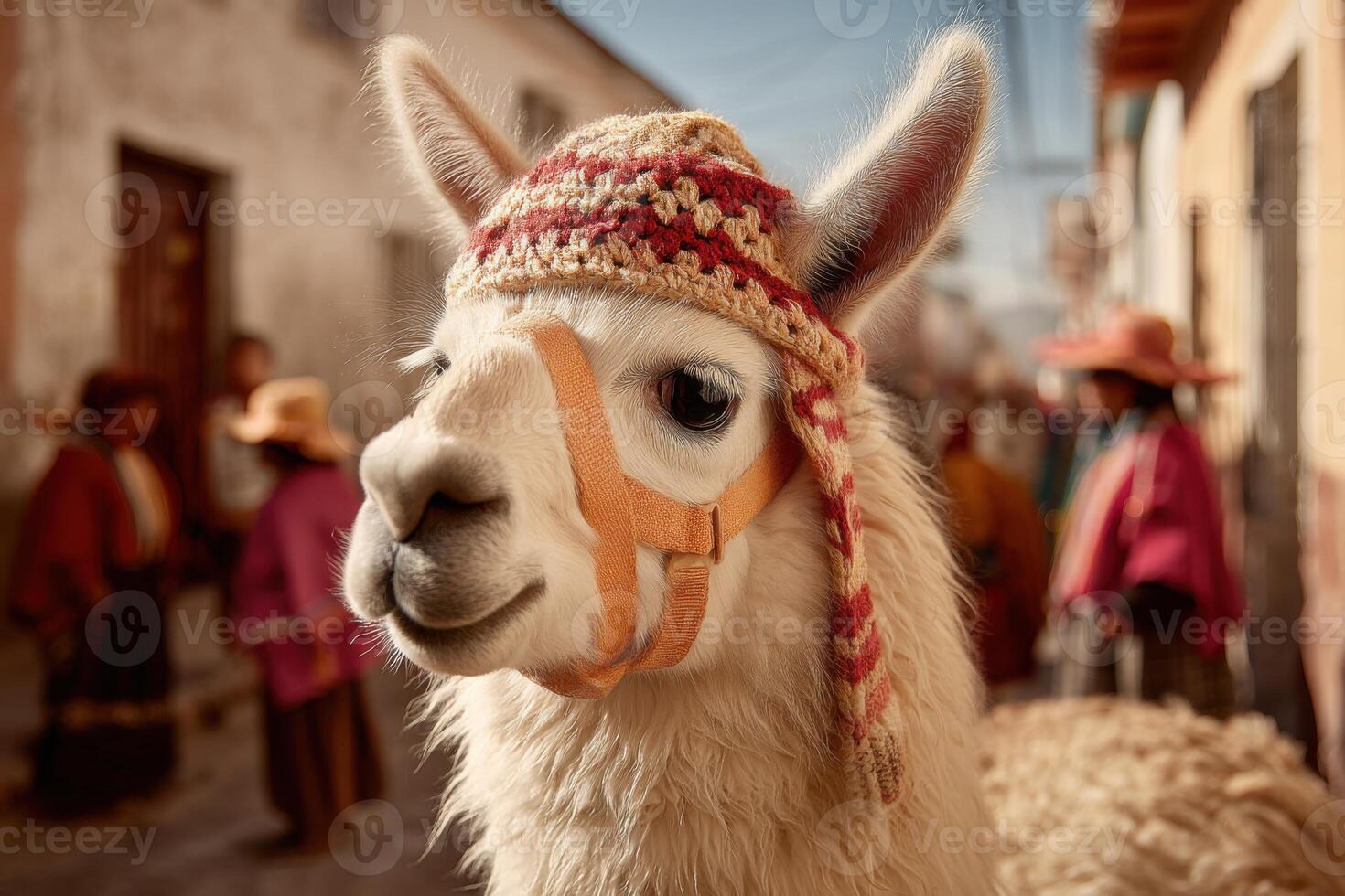 Close-up portrait of a white llama with crocheted hat and South American town background photo