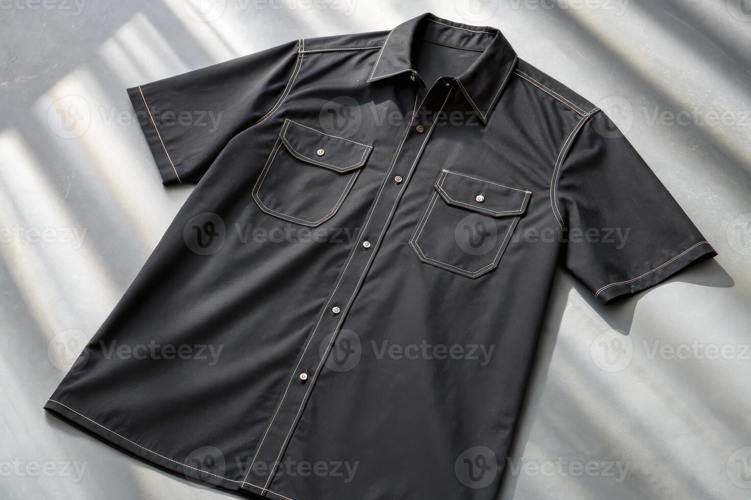 Close up of a black short sleeve button down shirt with white stitching on a gray background photo