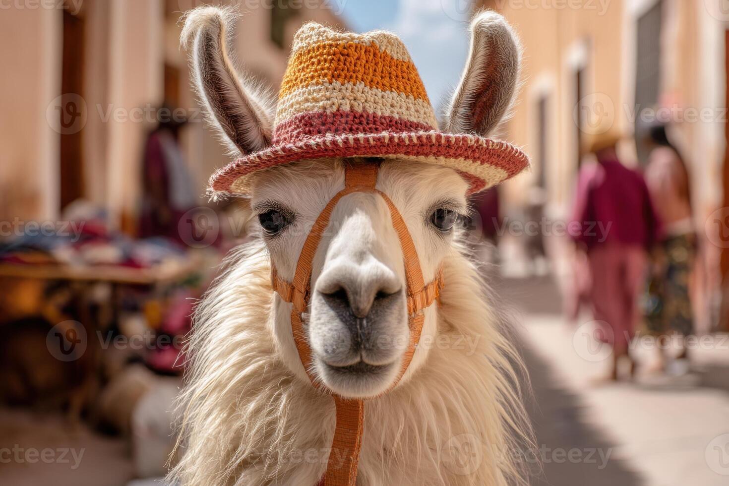 Close up of a llama wearing a hat in a street with people in the background on a sunny day photo