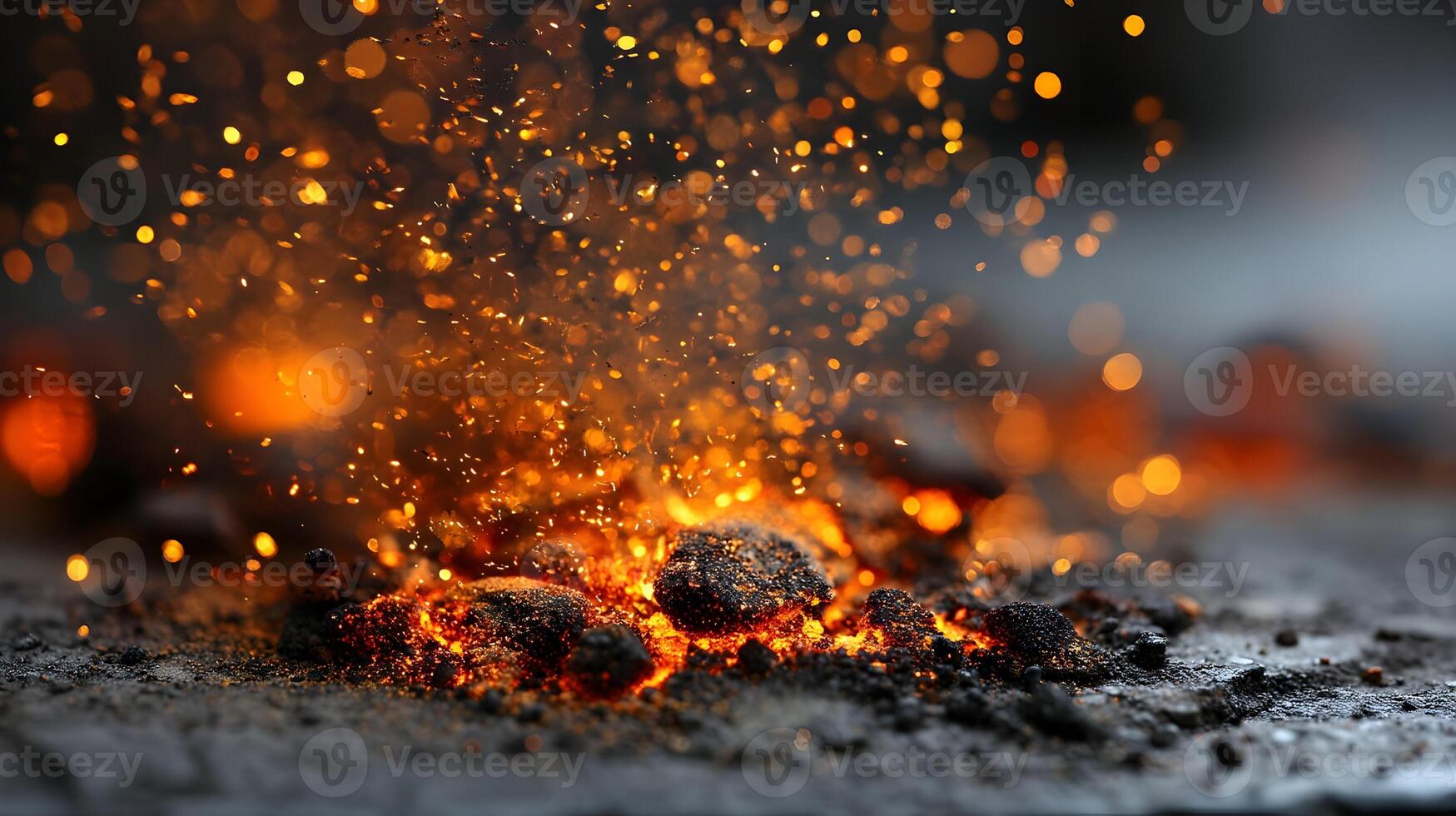 Glowing fire embers and sparks against dark background in abstract composition photo