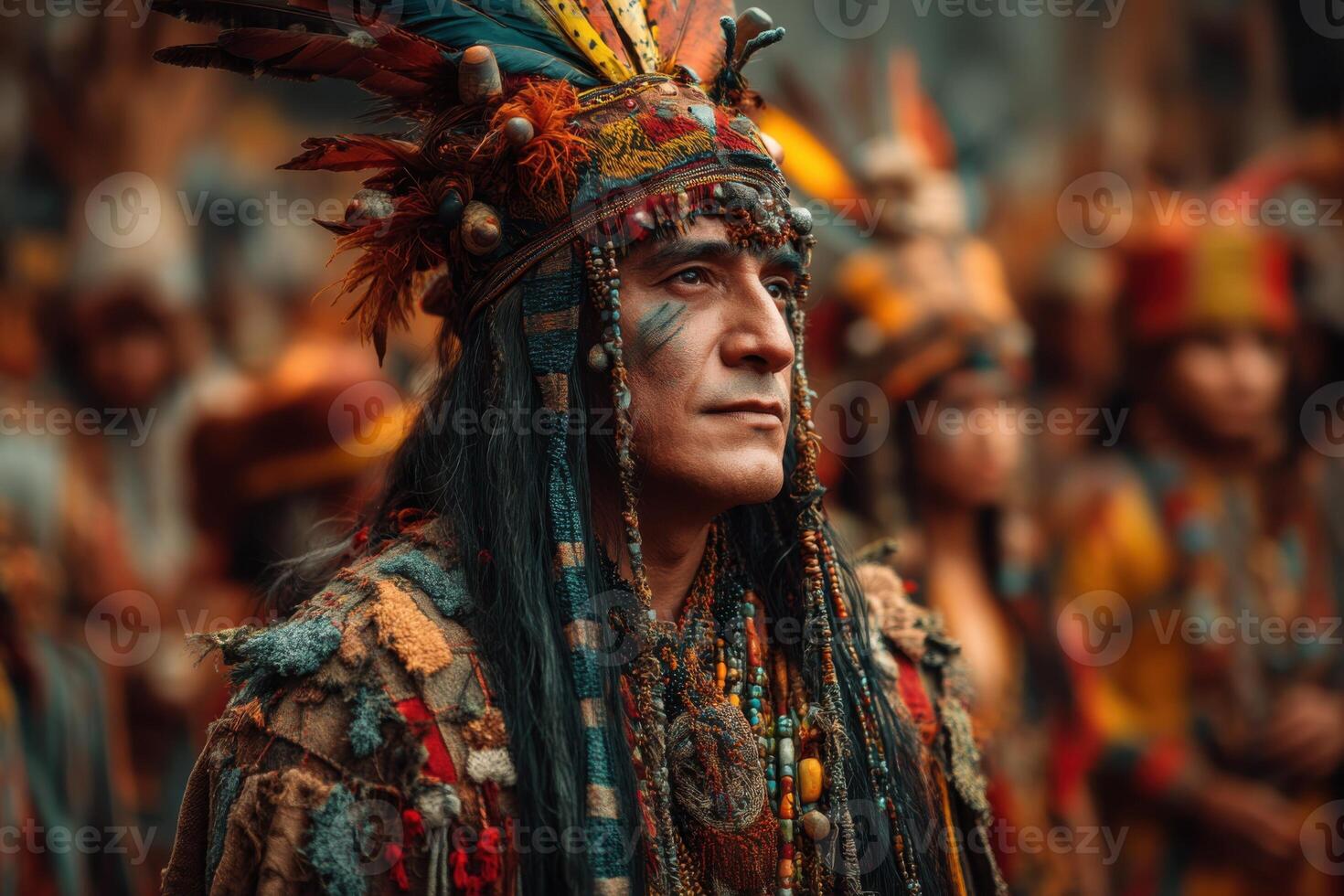 Tribal ceremonial leader in vibrant attire with feathered headdress and beadwork photo