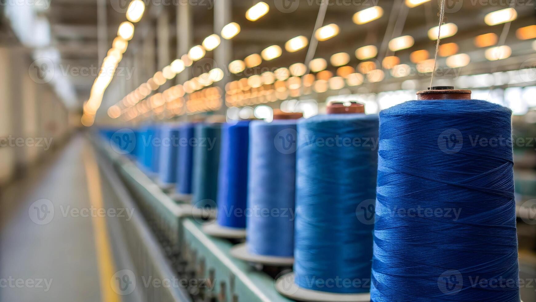 A long row of spools of blue thread in a textile factory under bright industrial lights overhead photo