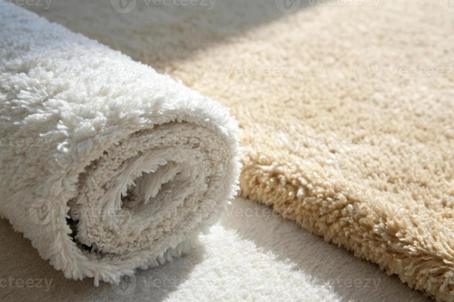 Close up of a rolled white fluffy rug and a beige rug on a bright surface in soft sunlight photo