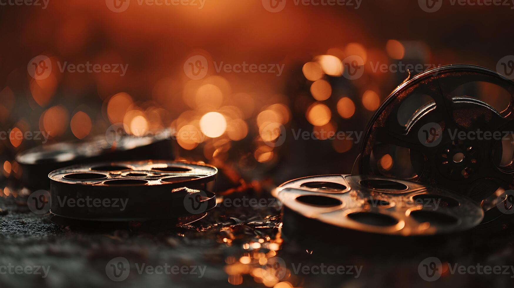 Close up of film reels with bokeh lights creating a vintage cinematic atmosphere and feeling of nostalgia photo