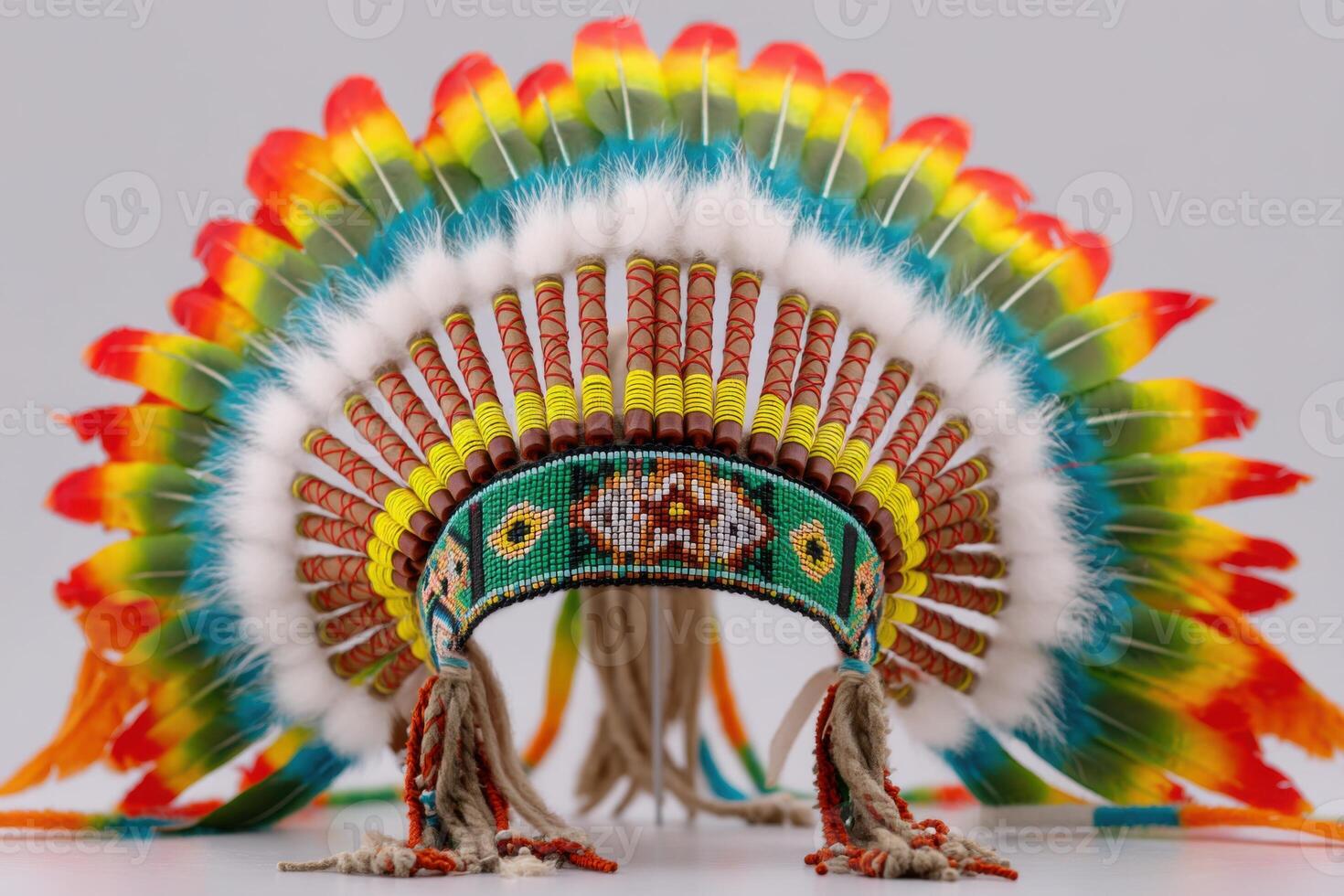 close up Vibrant Native American headdress with feathers and intricate beadwork photo