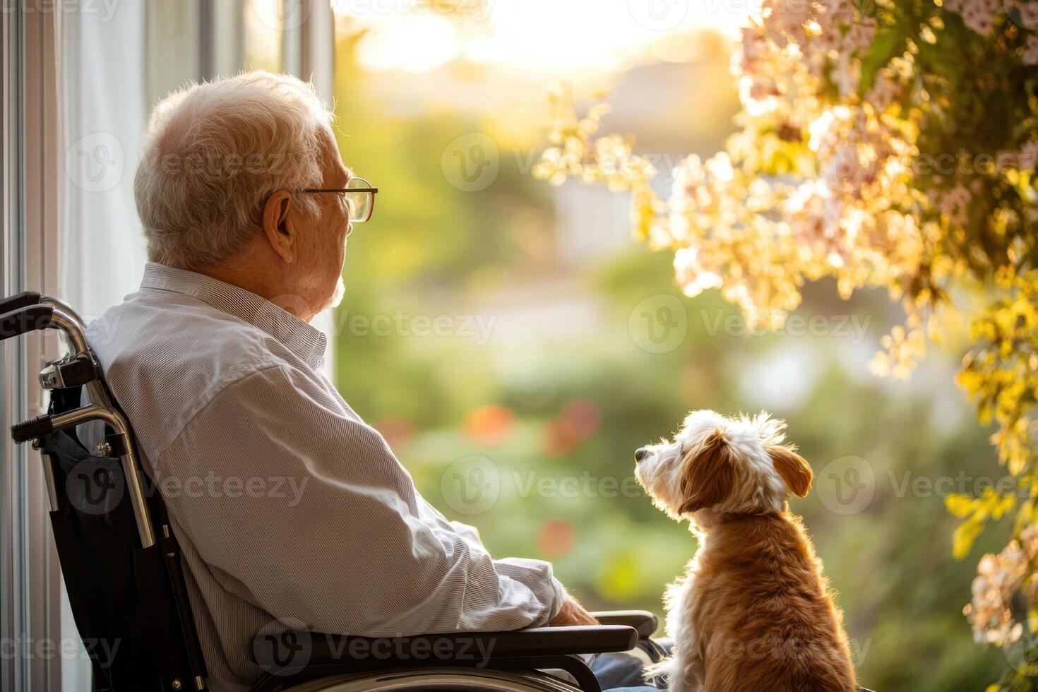 Elderly man in wheelchair with his dog looking out the window at the blooming tree outside home care photo