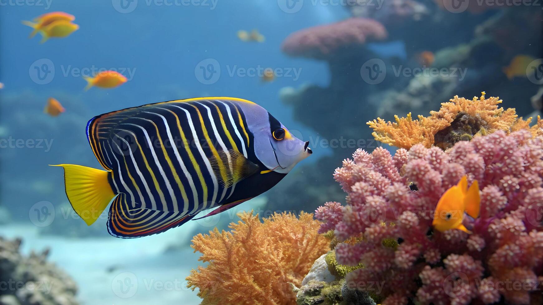 Striped angelfish swims near colorful coral reef in a vibrant underwater ecosystem scene view photo