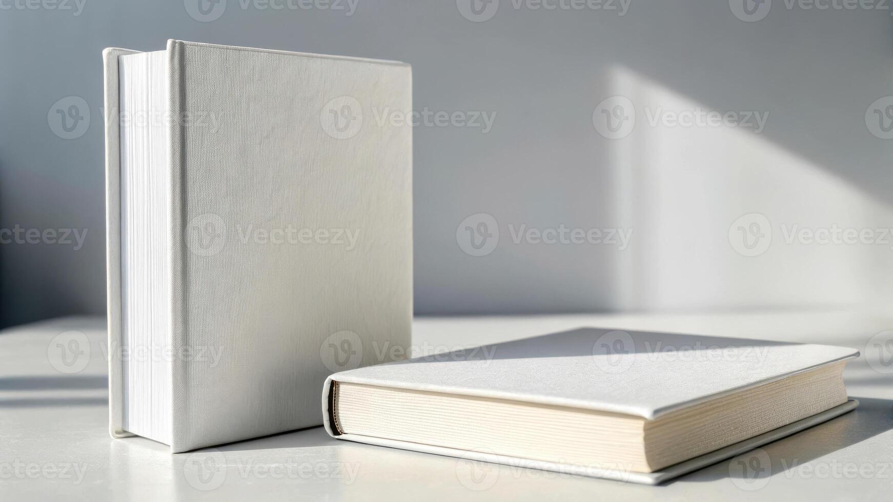 Two white books on a white surface with a light shadow in the background in a studio setting photo