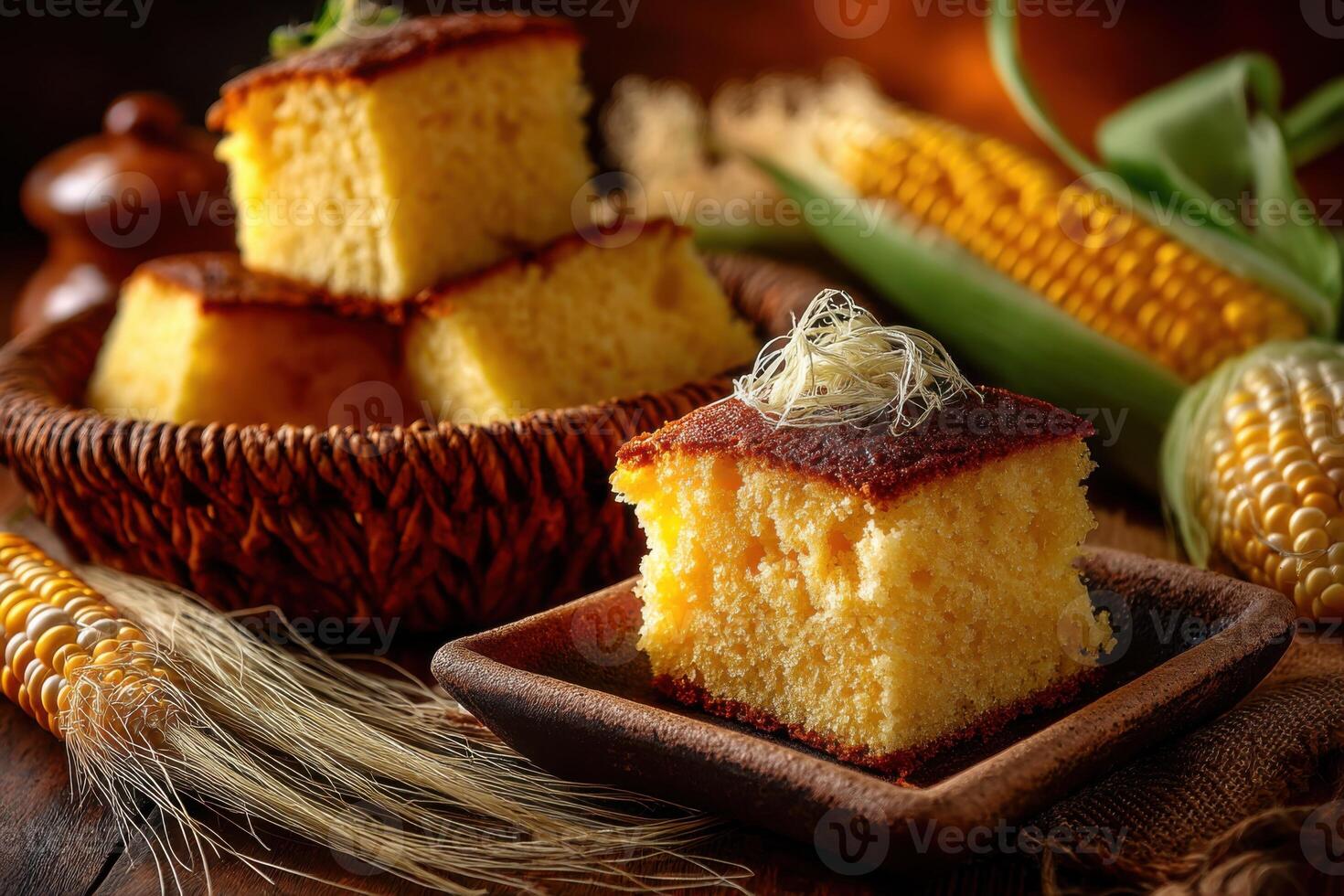 Brazilian cornbread cake on wooden table photo