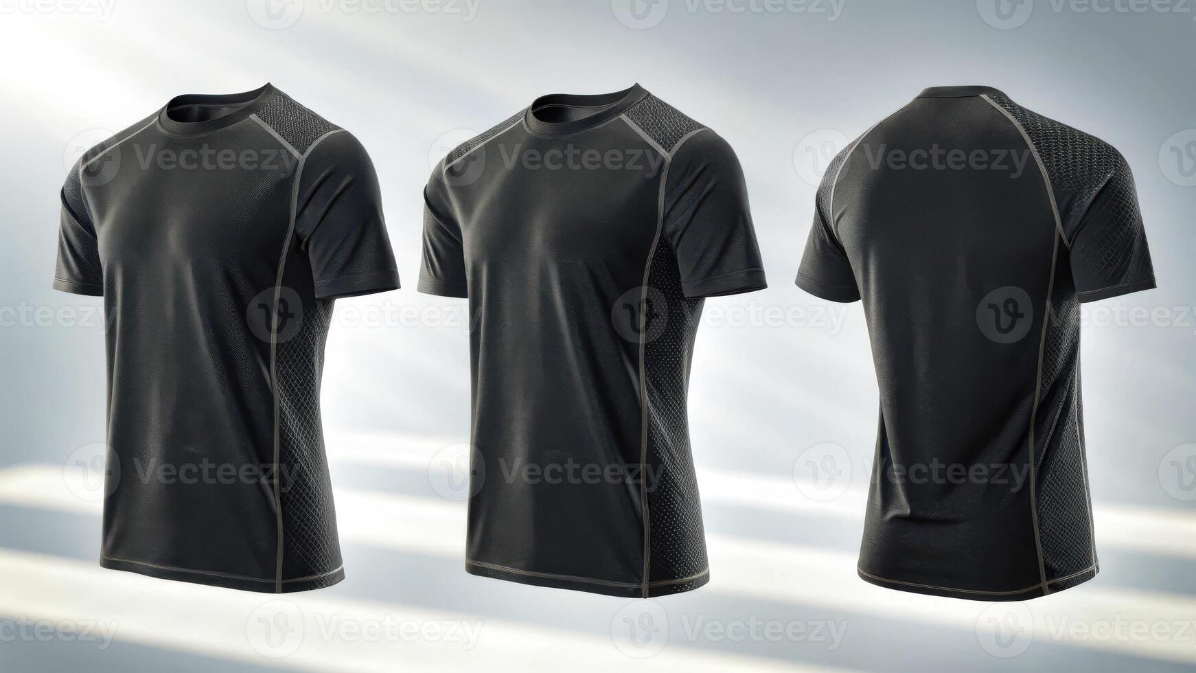 Three views of a dark gray athletic t shirt with short sleeves and textured side panels on a light background photo