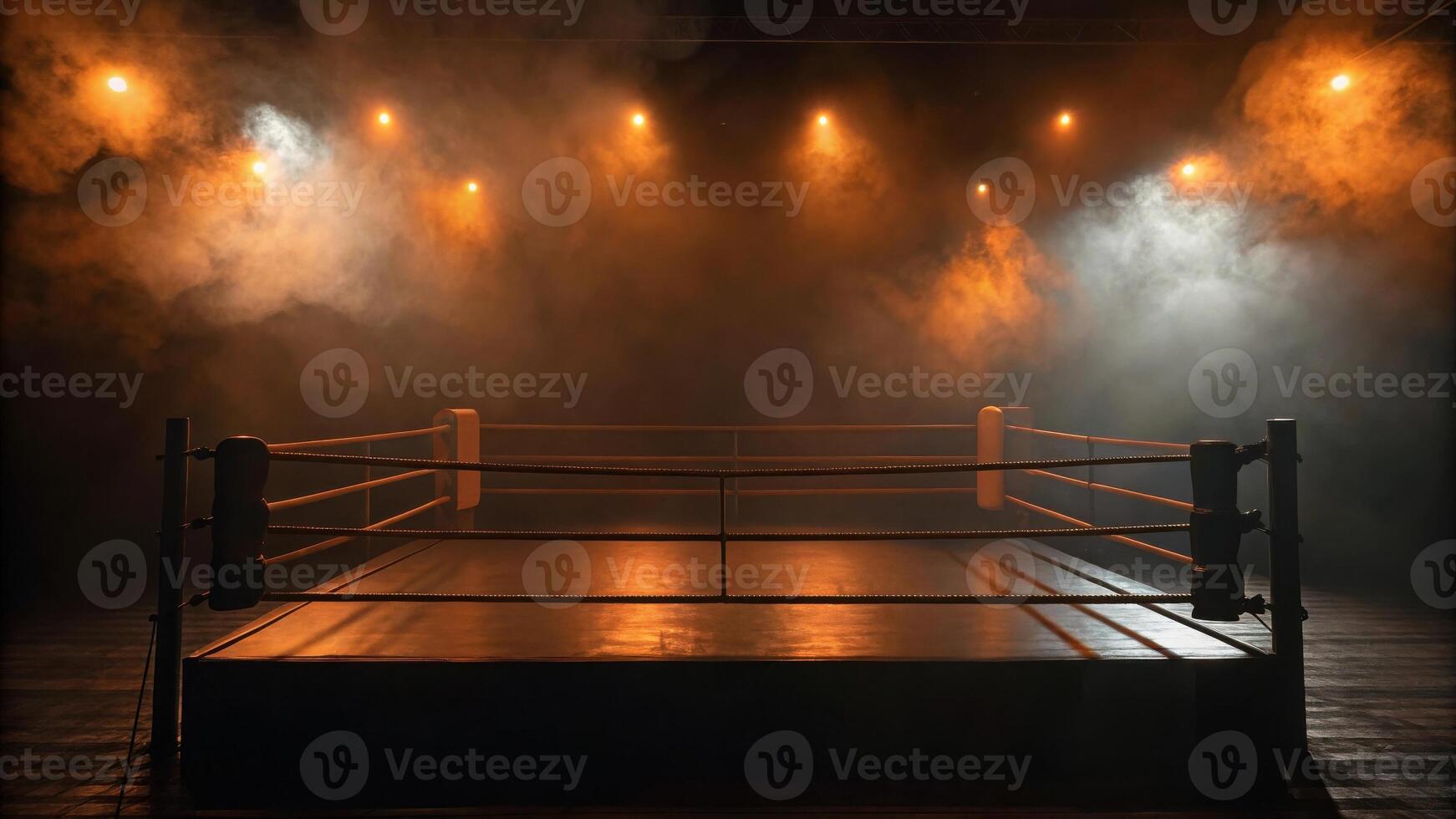 A boxing ring illuminated by spotlights with smoke creating a dramatic and intense atmosphere in the arena photo