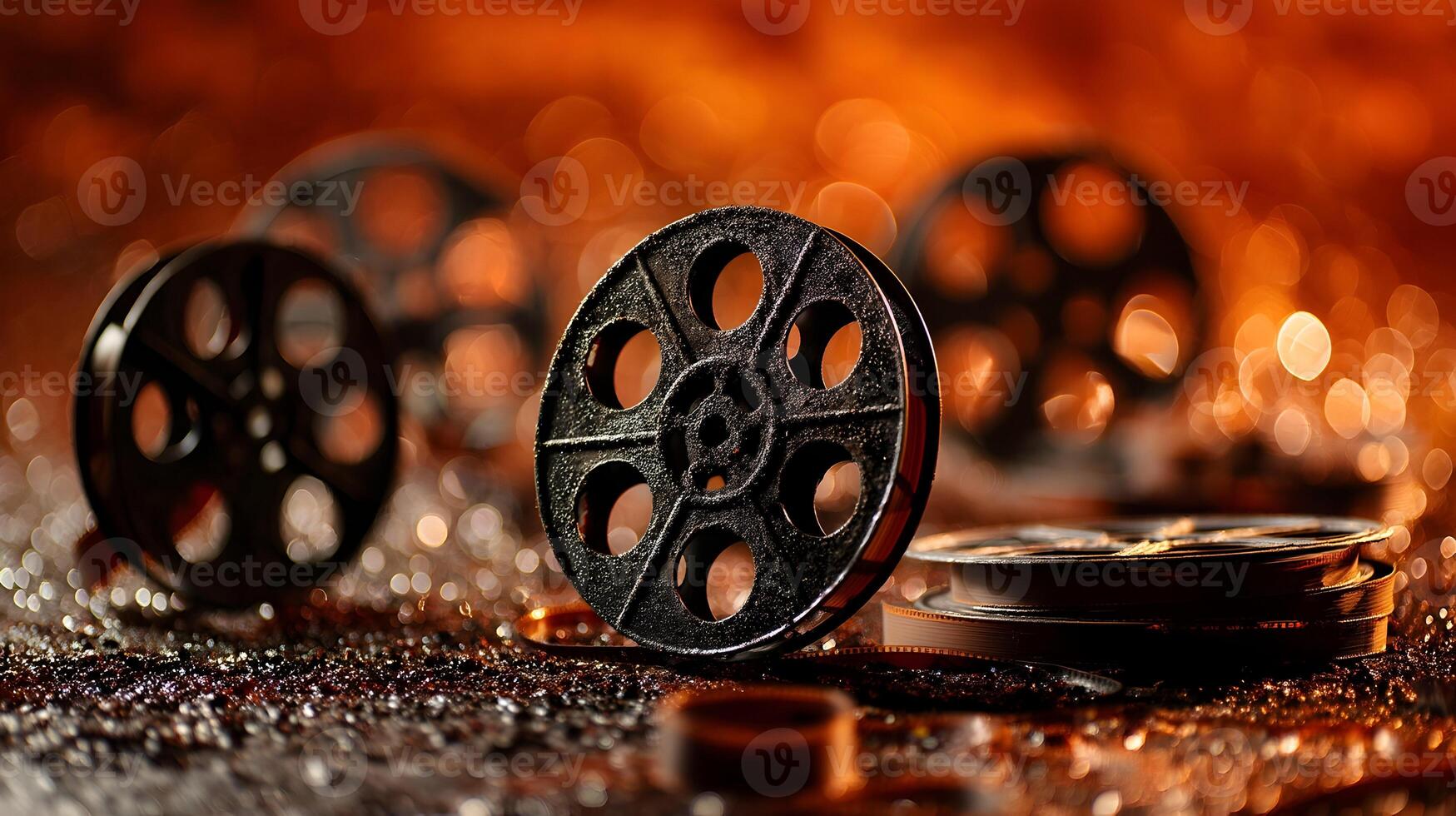 Close-up of film reels with glowing lights and cinematic metallic textures photo