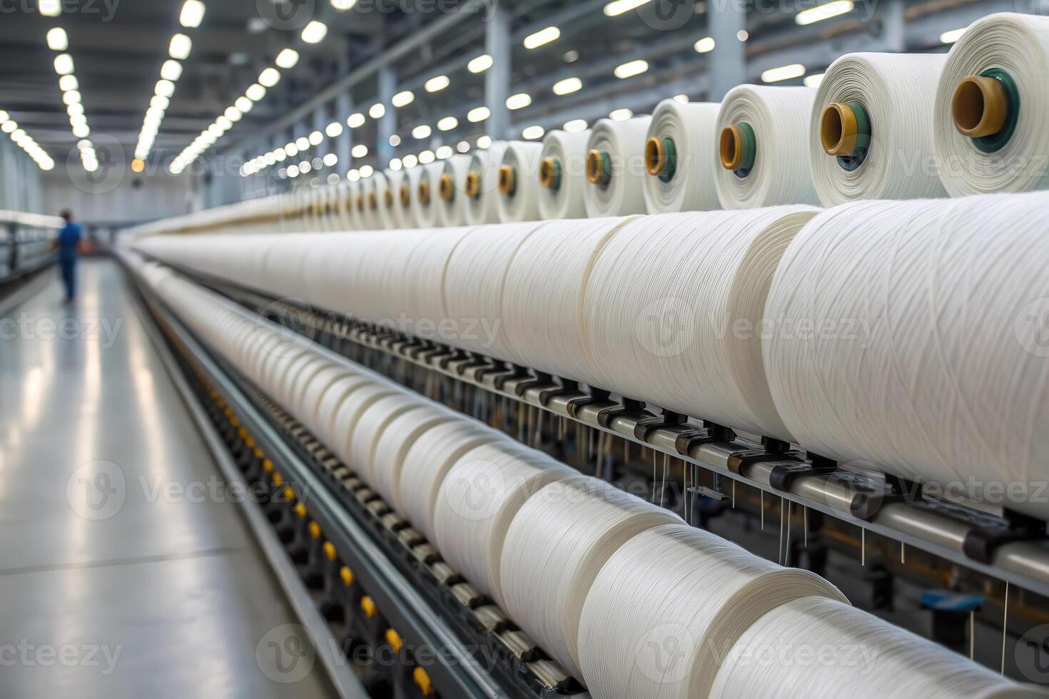 Rolls of white yarn on a textile machine in a factory showing industrial production process in detail photo