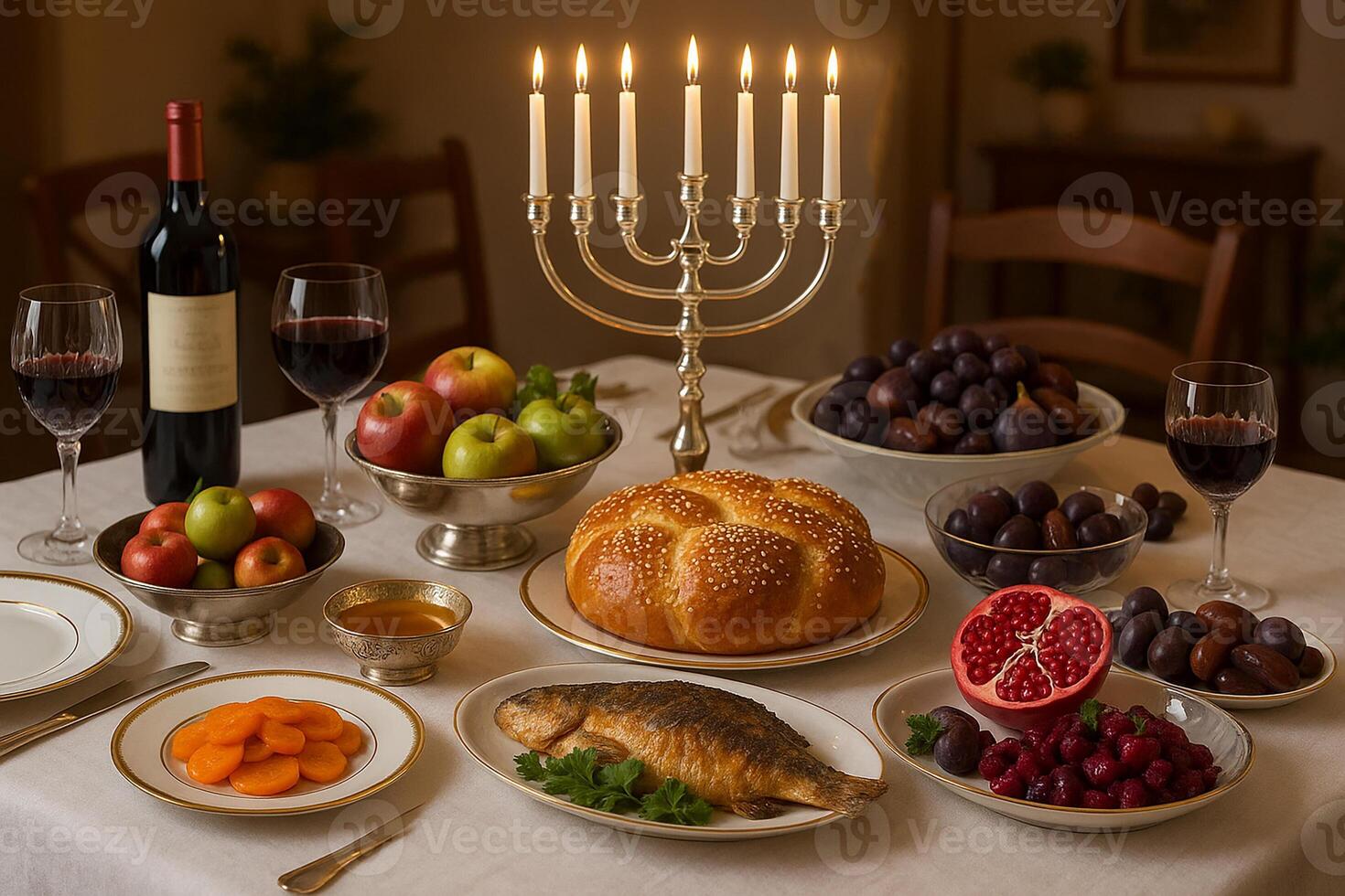 Festive set table for Rosh Hashanah with traditional foods - challah, apples, pomegranate and honey, symbolizing new year. Glowing menorah adds warmth and spirituality, Jewish holidays celebration photo
