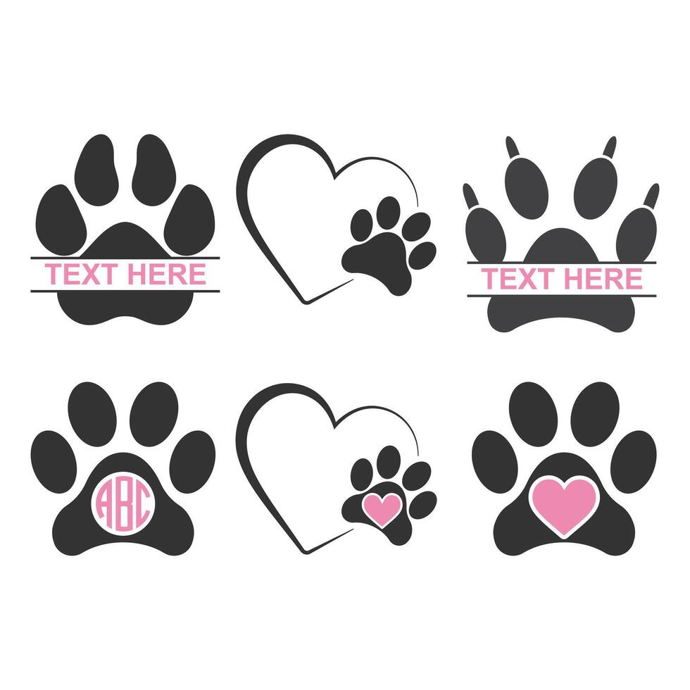 Dog paw monogram, Dog paw bundle, Dog love Outline, paw heart vector