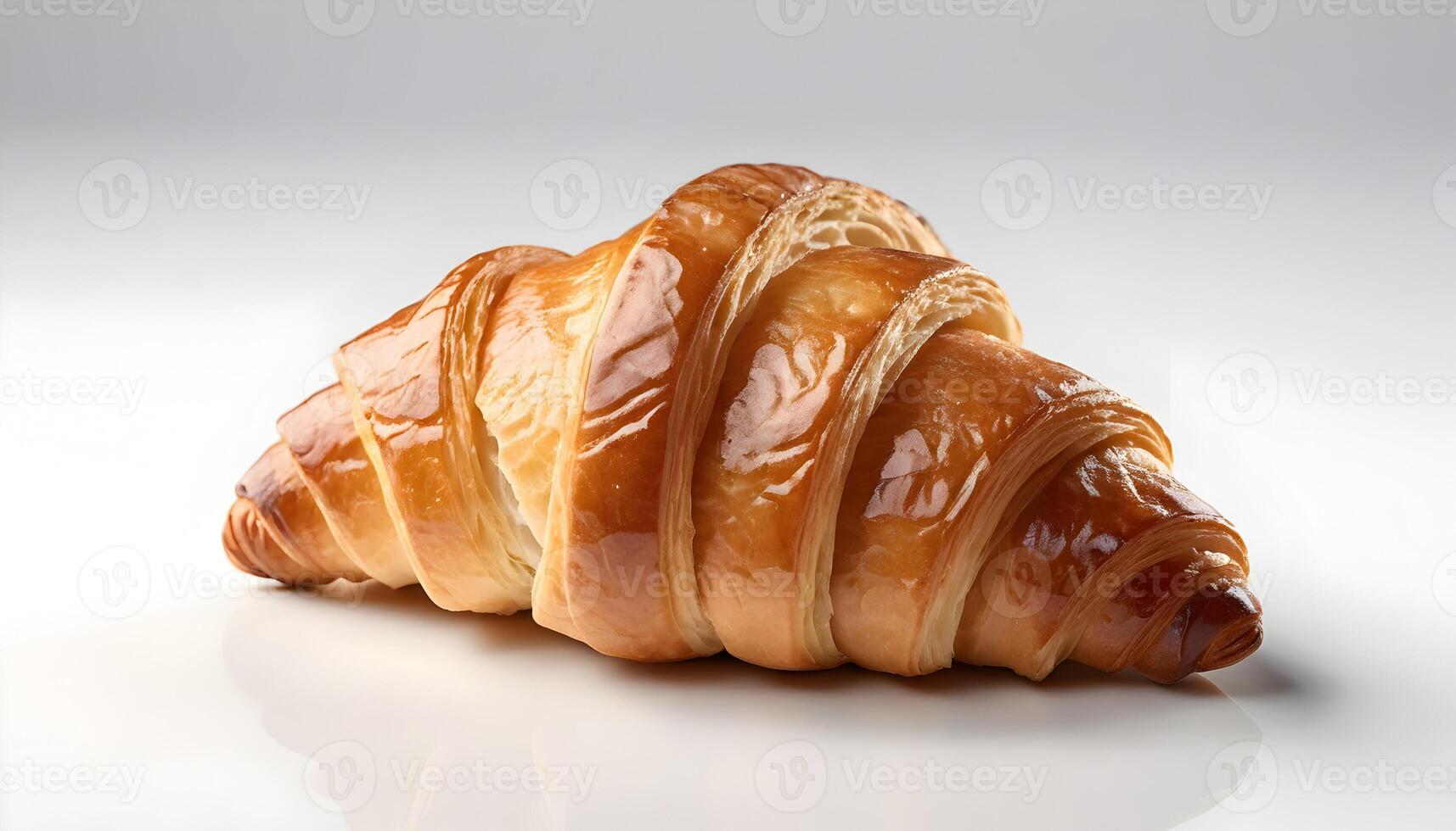 Golden Baked Croissant Delicious Pastry Close-up on Reflective Surface photo