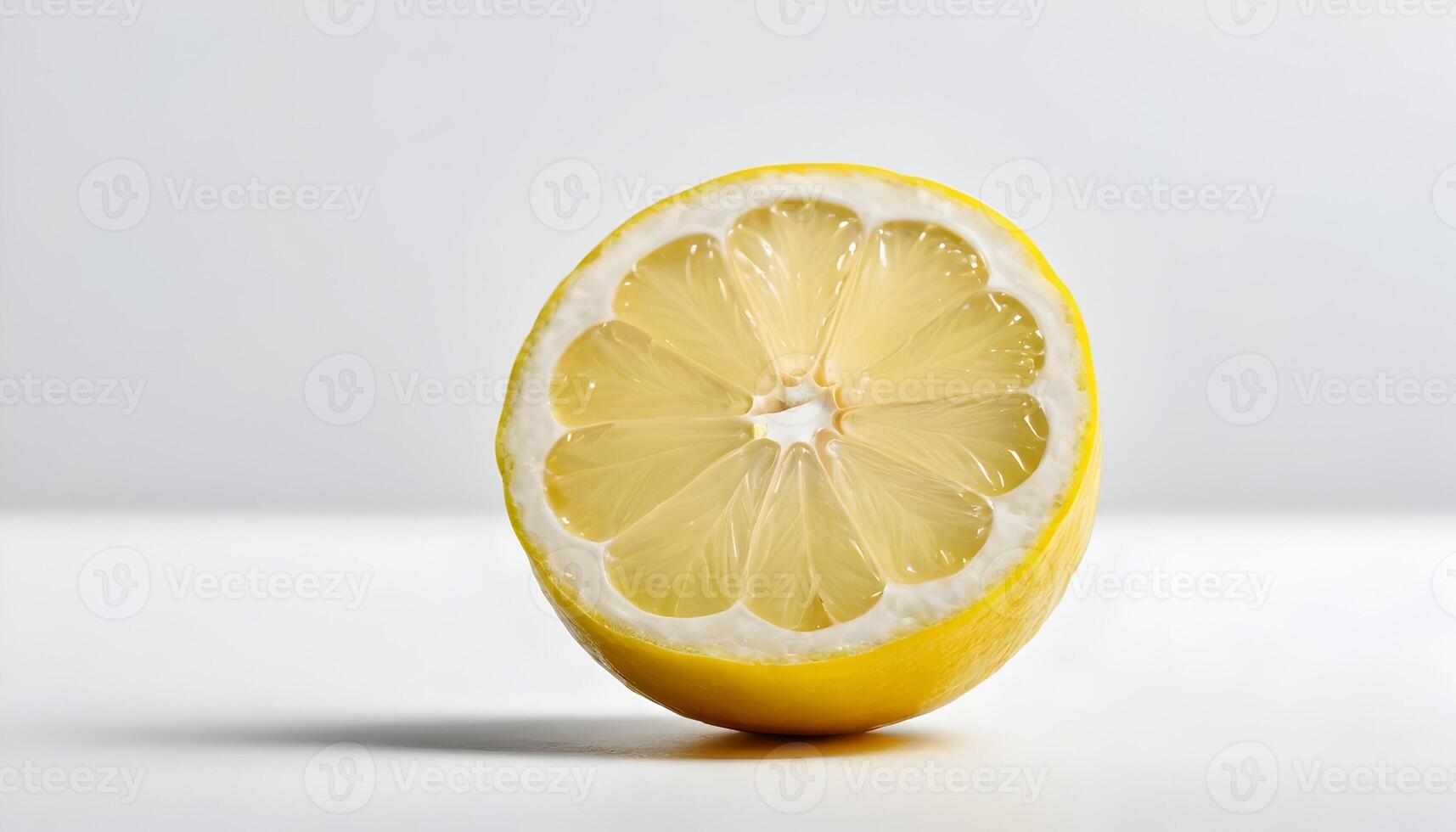 Sliced Lemon Half Displaying Fresh Juicy Pulp on White Surface photo