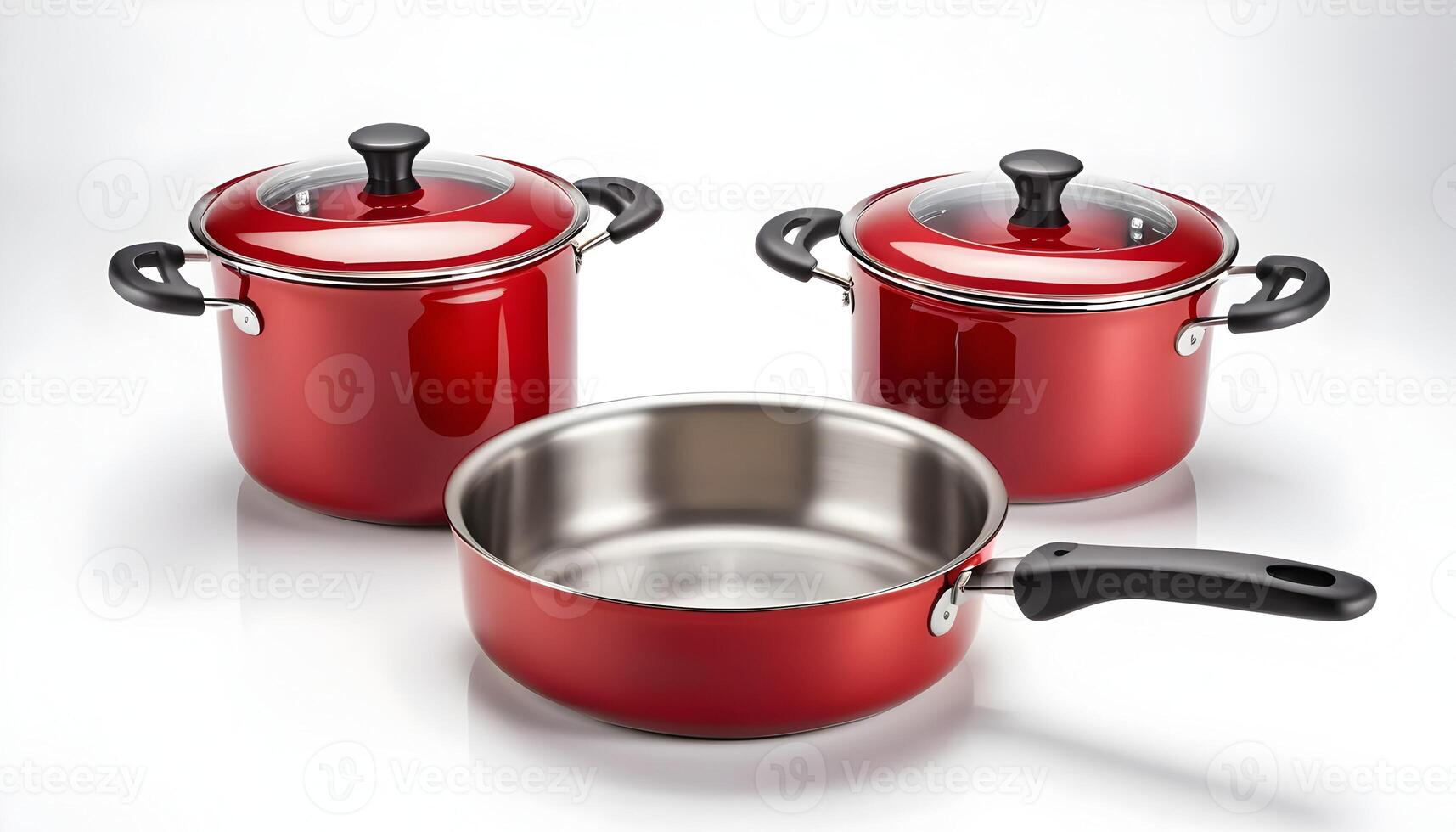 Red Cooking Pots and Pan on White Background for Kitchenware photo