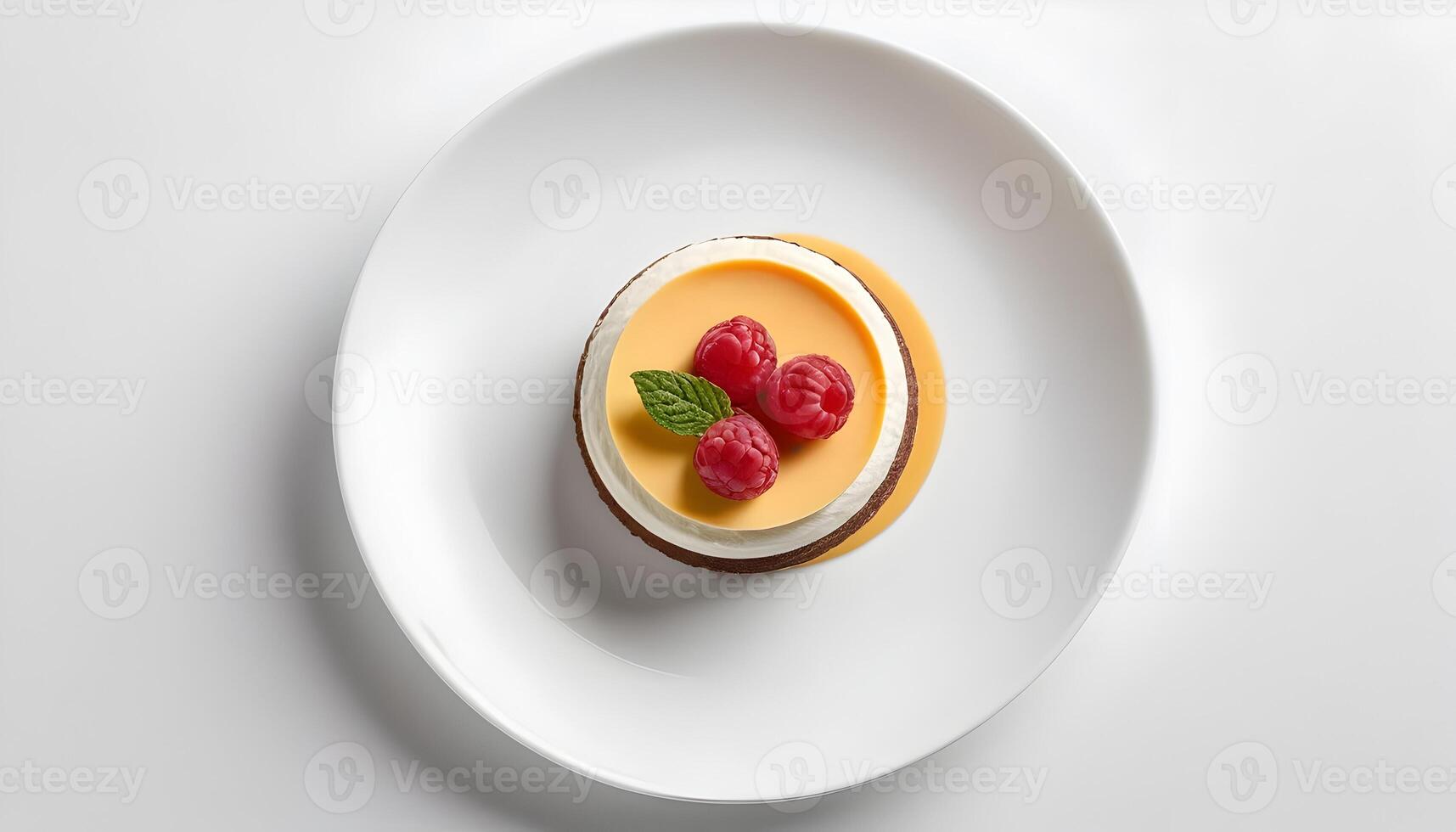 Elegant Dessert on Plate with Raspberries and Mint Overhead View photo