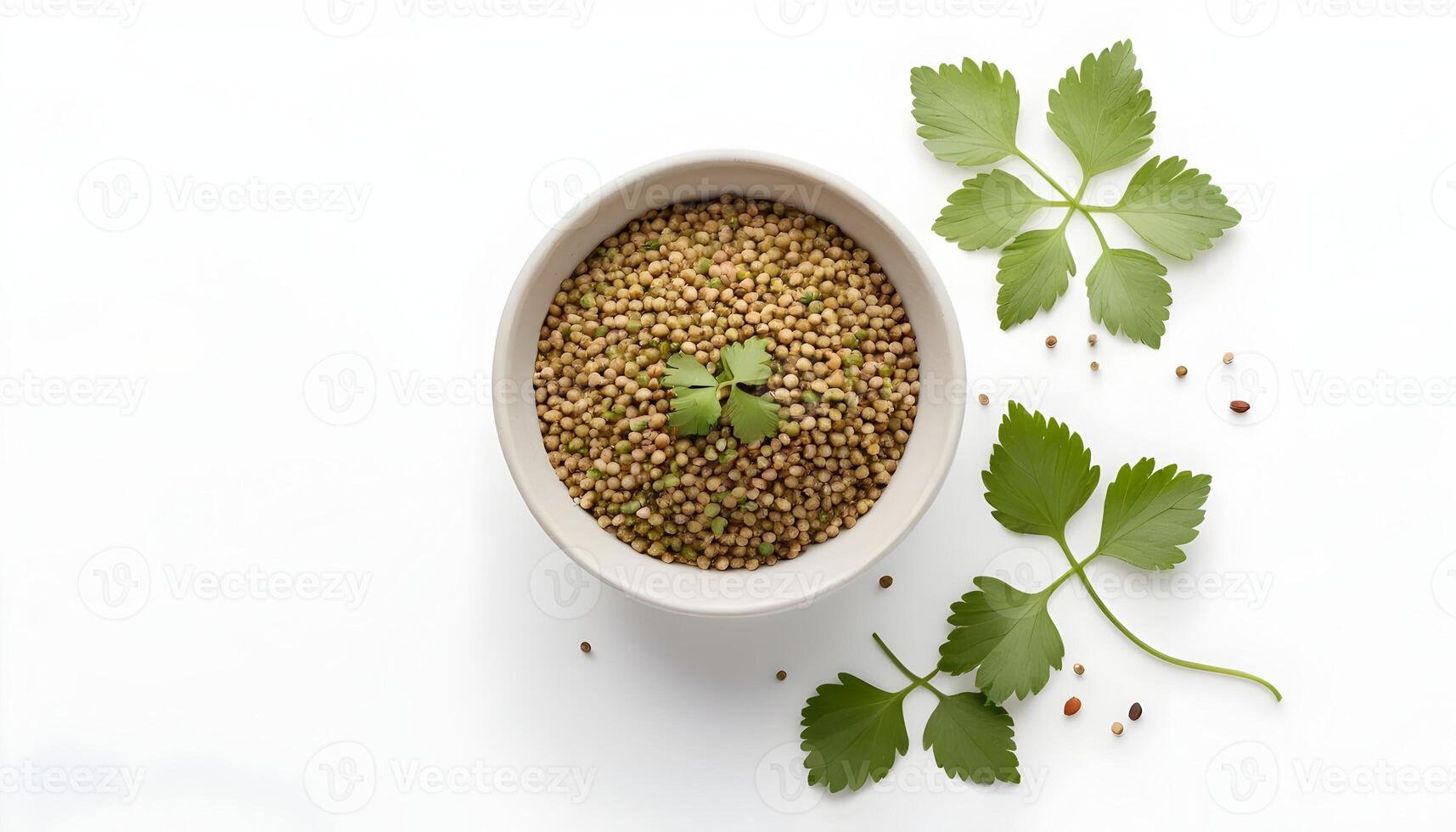 Bowl of Coriander Seeds with Fresh Parsley Leaves on White Background photo