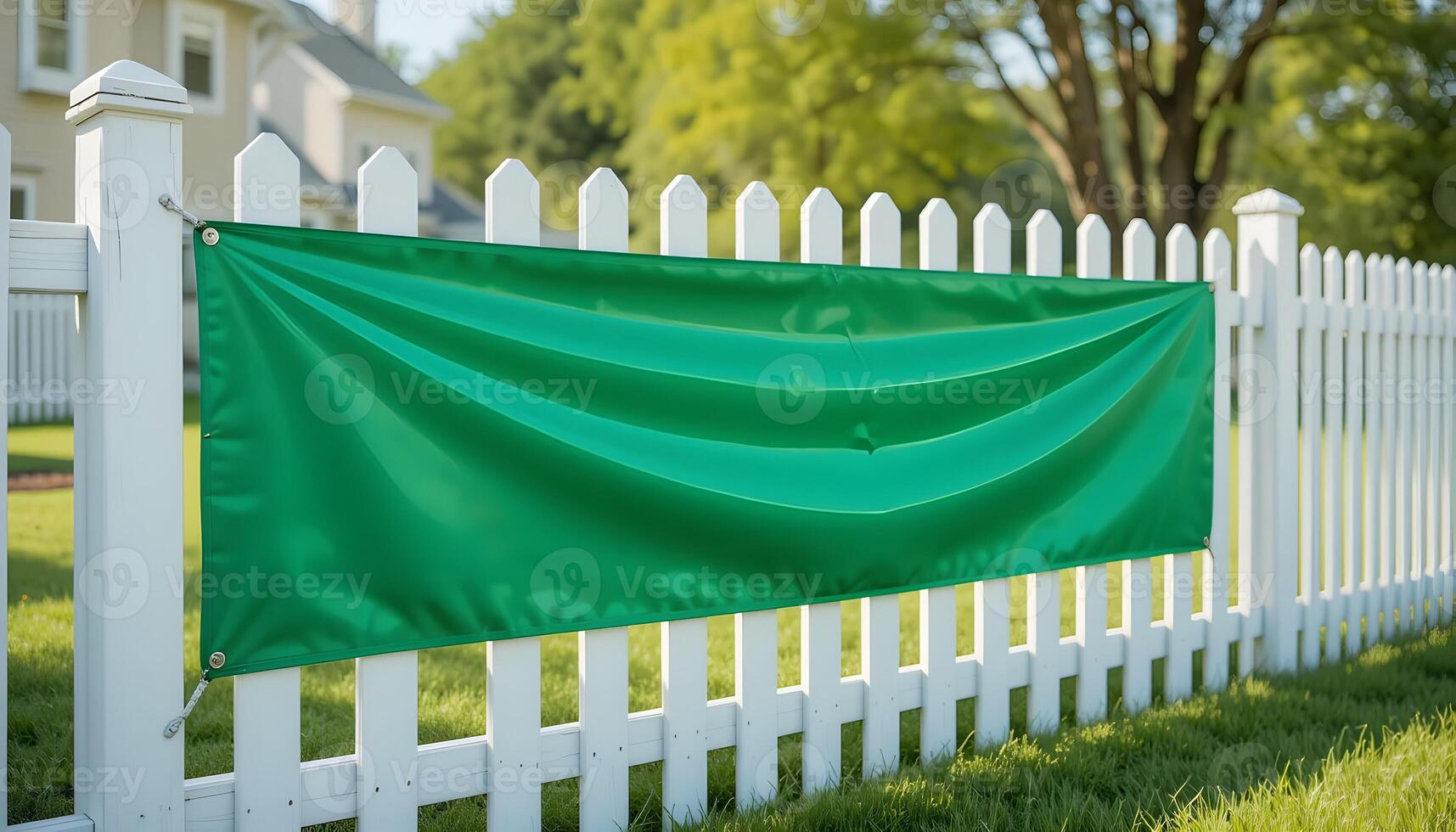 Hanging Green Banner on White Fence in Front Yard Setting photo