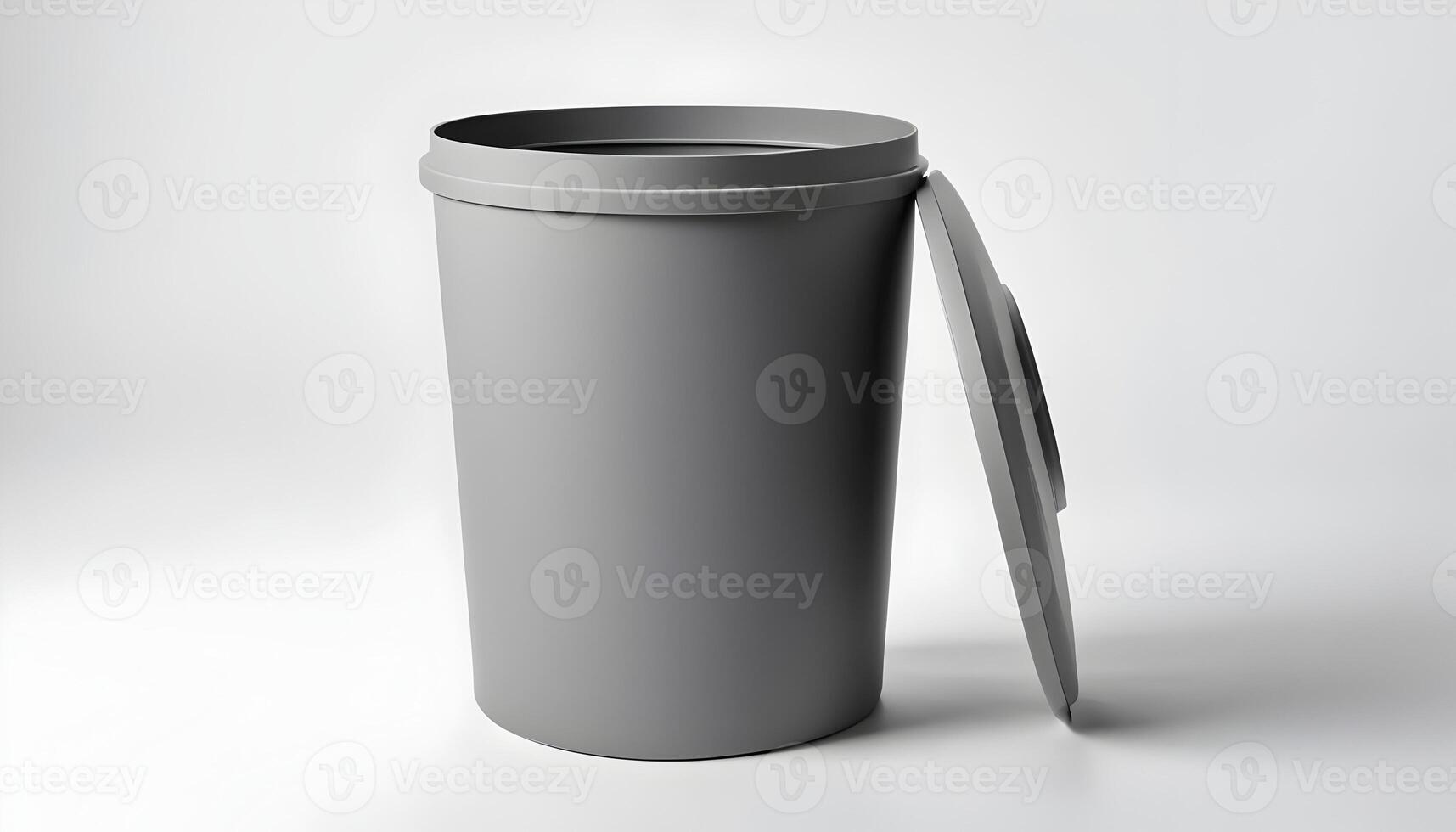 Gray Trash Bin with Open Lid on White Background for Mockup photo