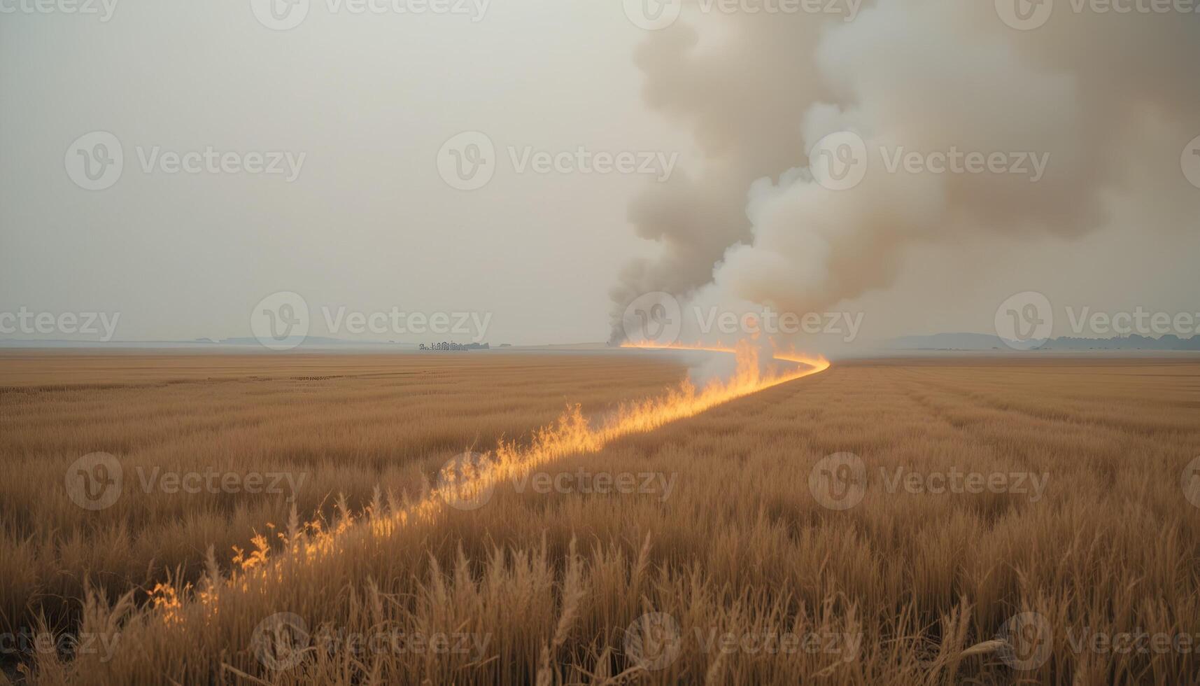 Fire Burning Across Dry Grass Field Creates Smoke Plumes photo
