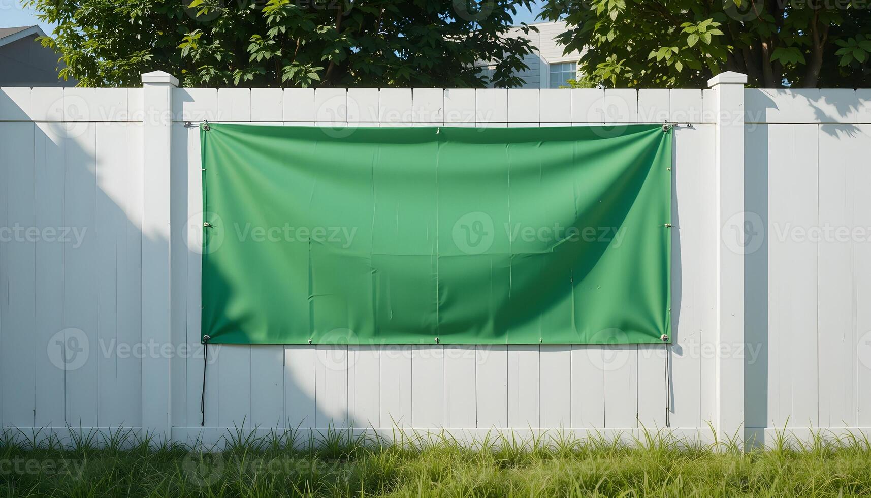 Green Privacy Screen Mounted on a White Wooden Fence Outdoors photo