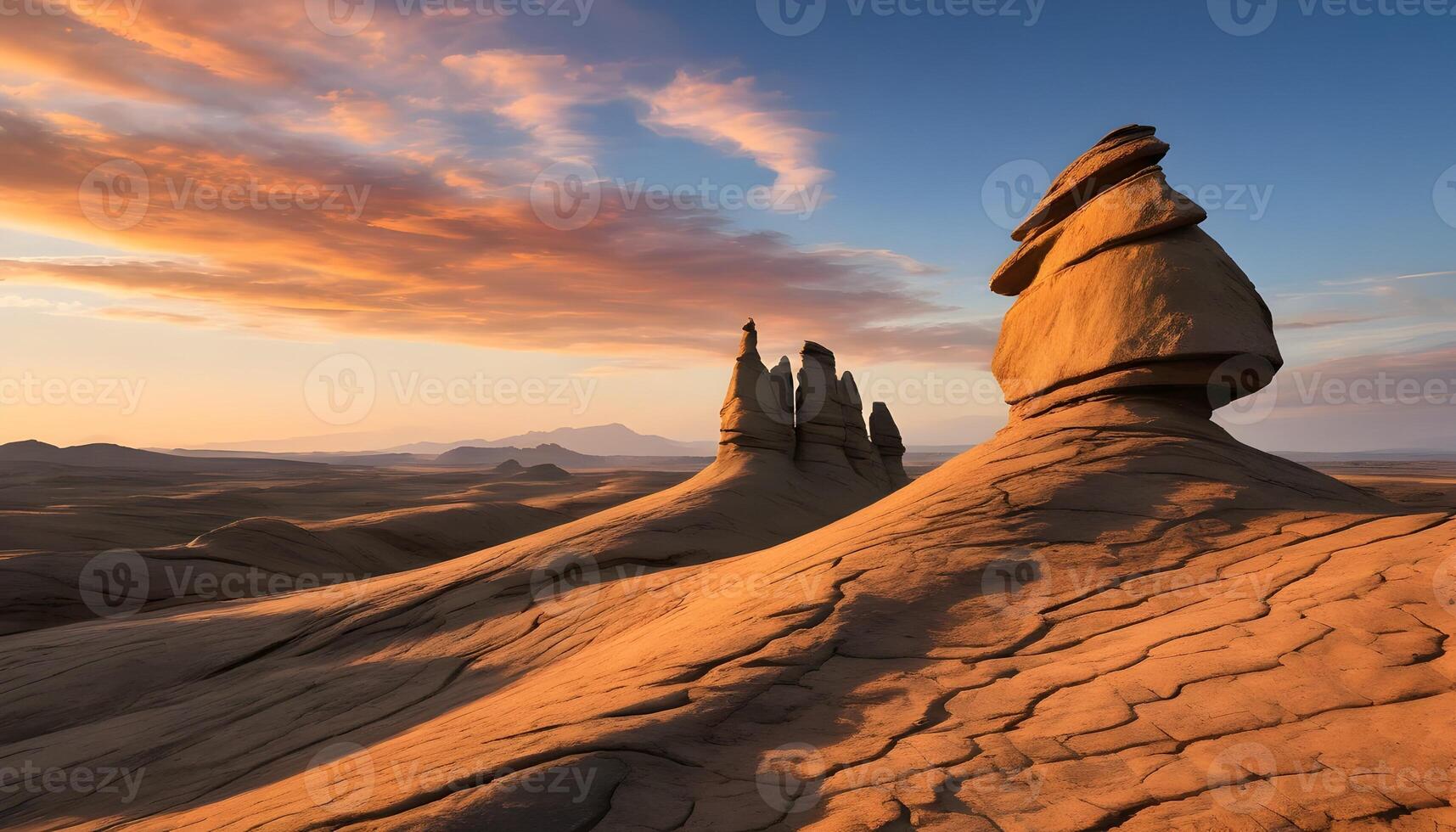 Sandstone Formations in Desert Landscape Under Colorful Sunset Sky photo
