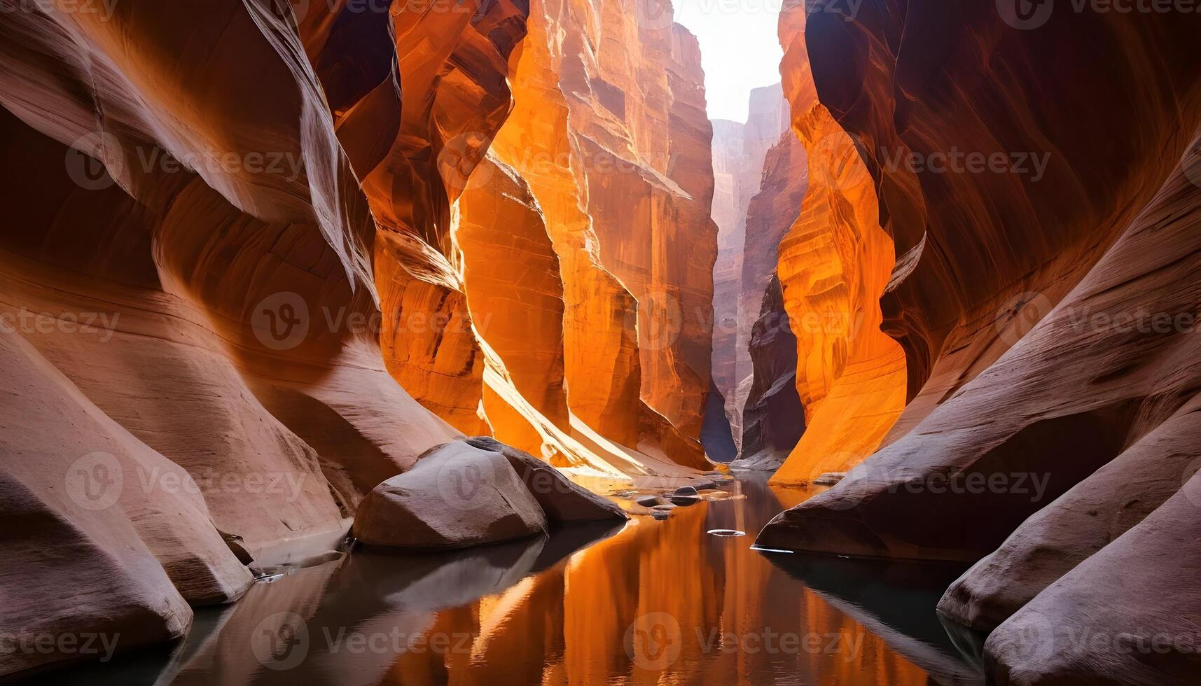Exploring a Narrow Canyon with Sandstone Walls and Water Reflection photo
