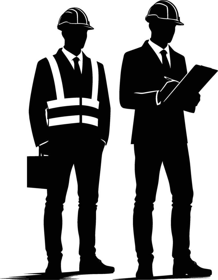 Two men in hard hats and safety vests are standing next to each other vector