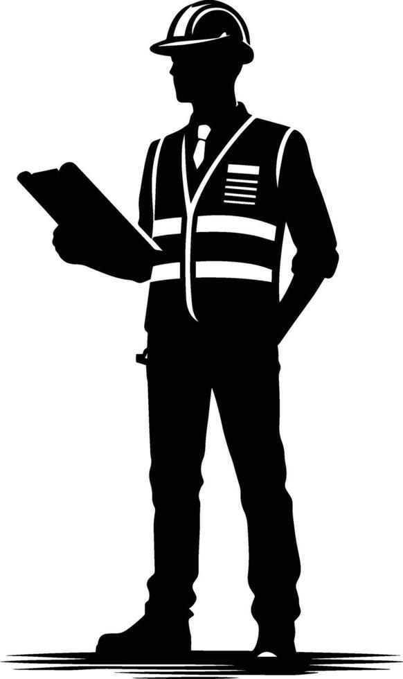 Silhouette of a construction worker holding a clipboard vector
