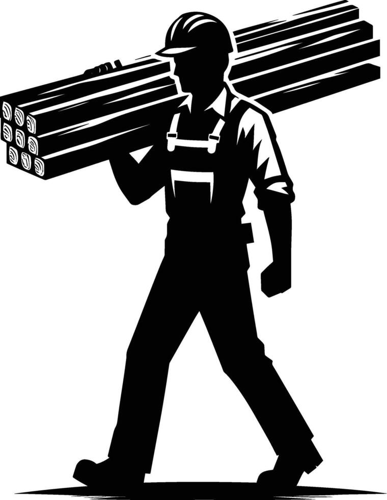 A silhouette of a man carrying a large pile of lumber vector