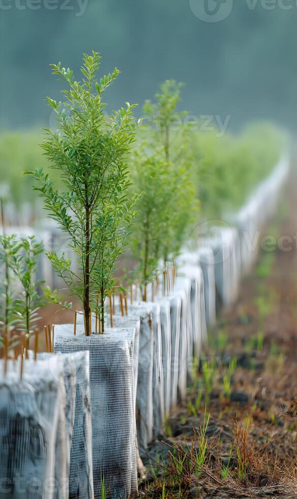 Nurturing saplings in a row a symbol of growth and sustainable practices for a greener future photo