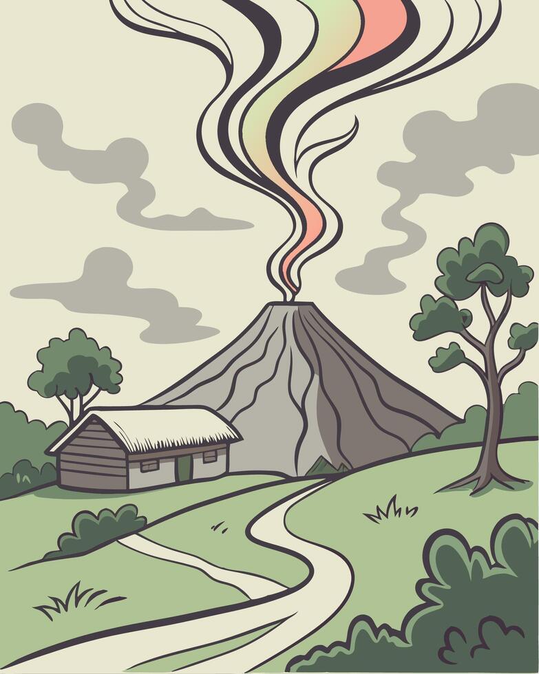A cartoon illustration of a volcano with smoke coming out of it vector