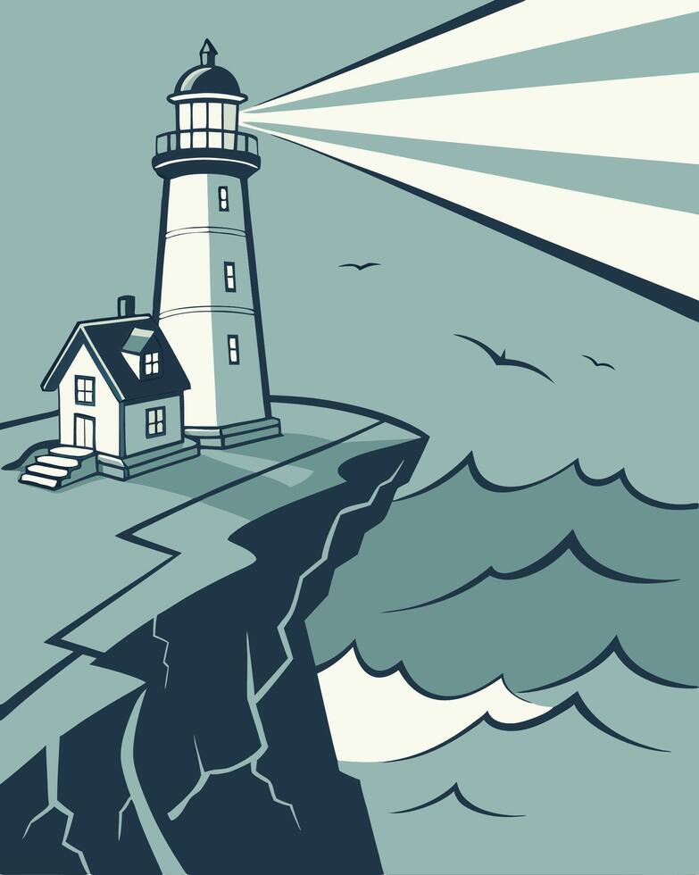 A lighthouse on the edge of a cliff with a house on top vector